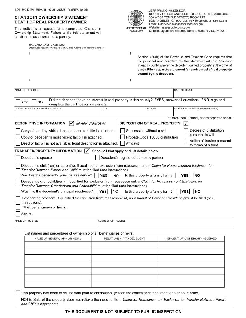 Change In Ownership Statement Death Of Real Property Owner (Los Angeles County) {BOE-502-D ASSR-176} | Pdf Fpdf Docx | California