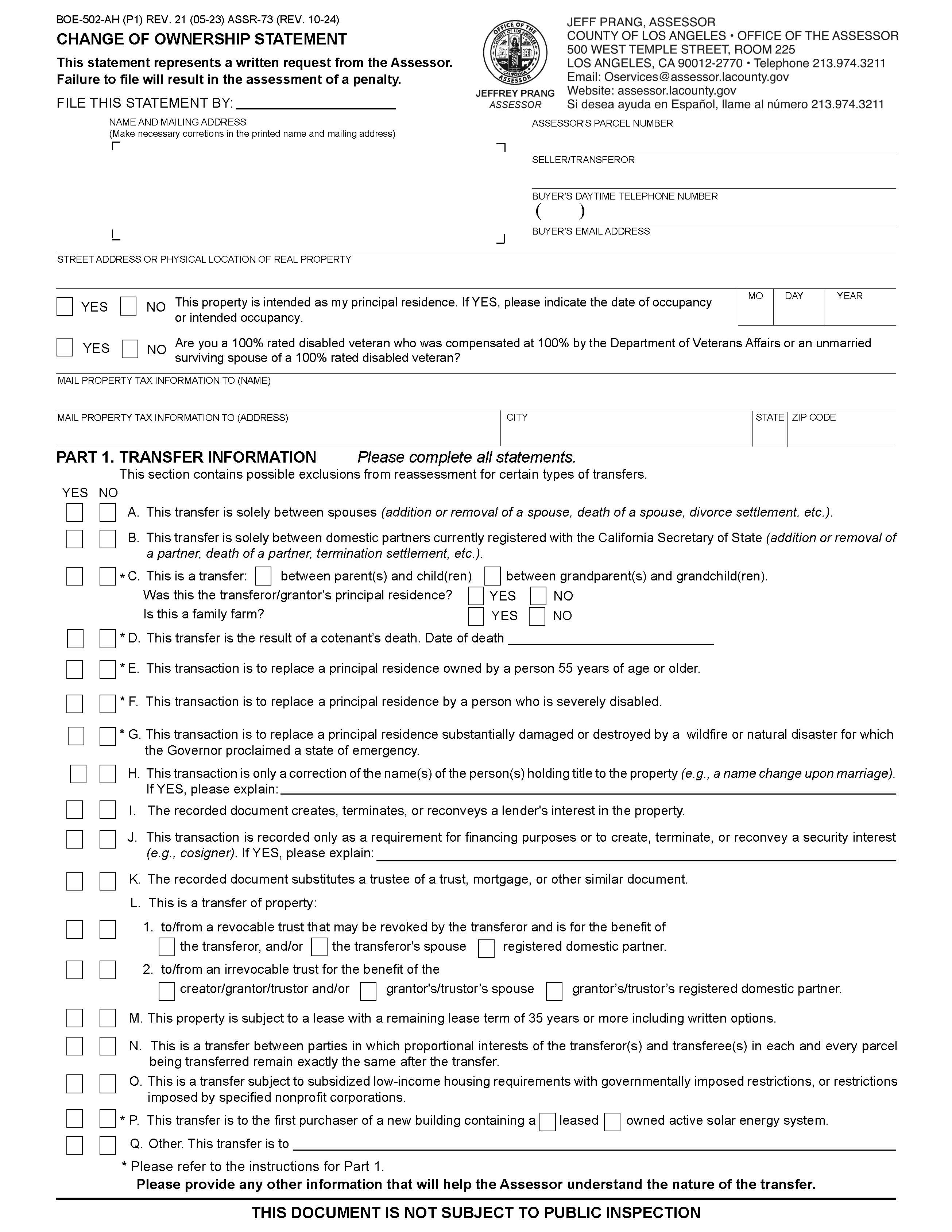 Change Of Ownership Statement (Los Angeles County) {BOE-502-AH ASSR-73} | Pdf Fpdf Docx | California