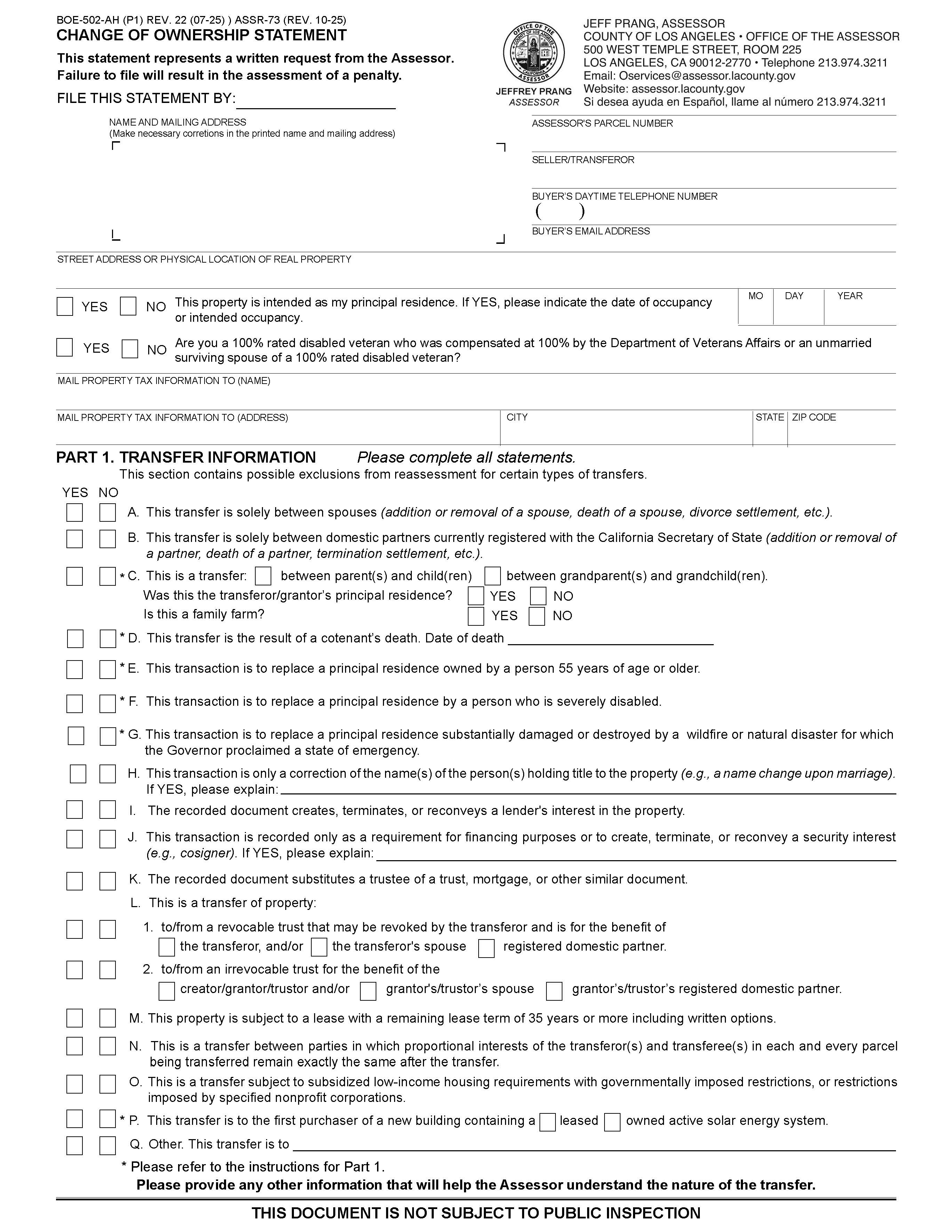 Change Of Ownership Statement (Los Angeles County) {BOE-502-AH ASSR-73} | Pdf Fpdf Docx | California