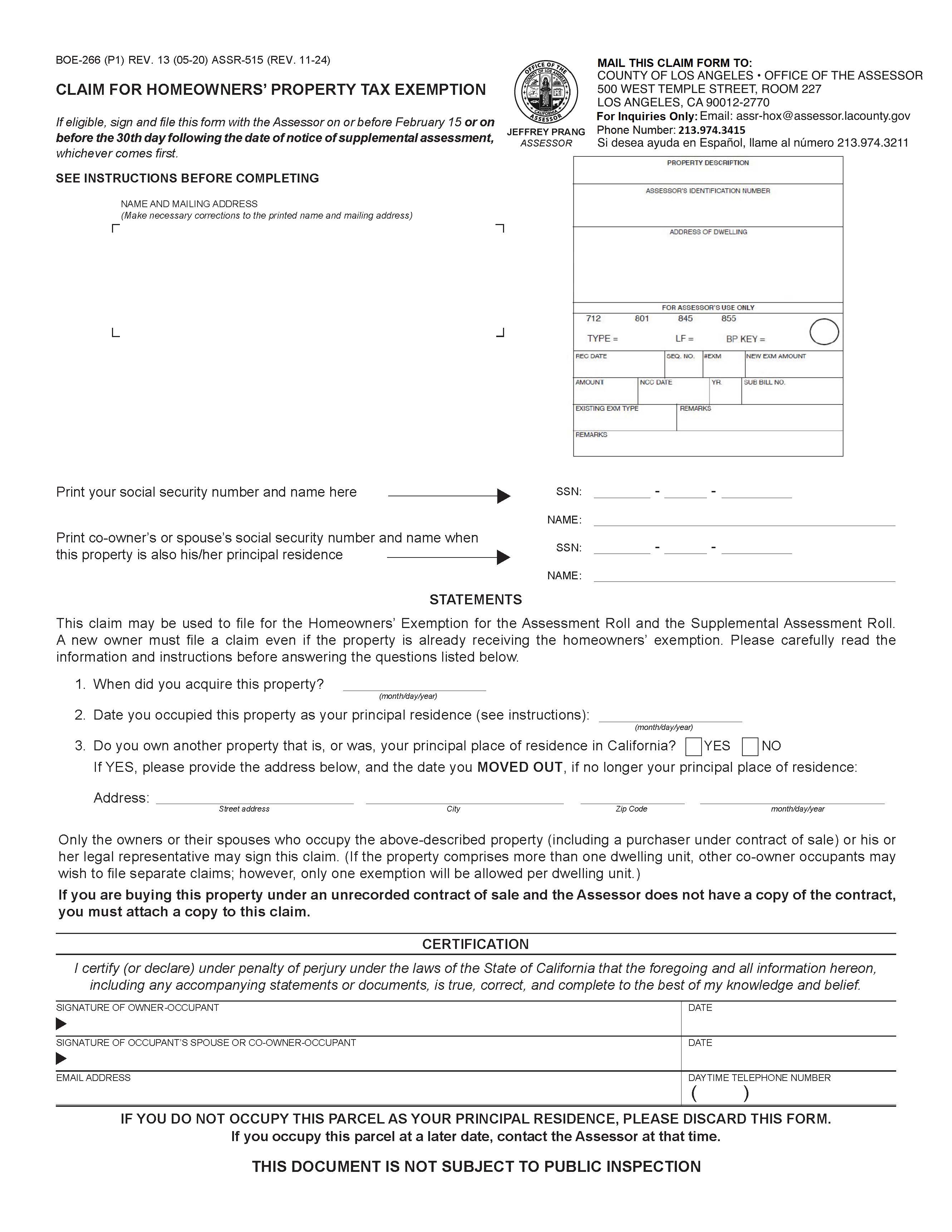 Claim For Homeowners Property Tax Exemption (Los Angeles County) {BOE-266 ASSR-515} | Pdf Fpdf Docx | California