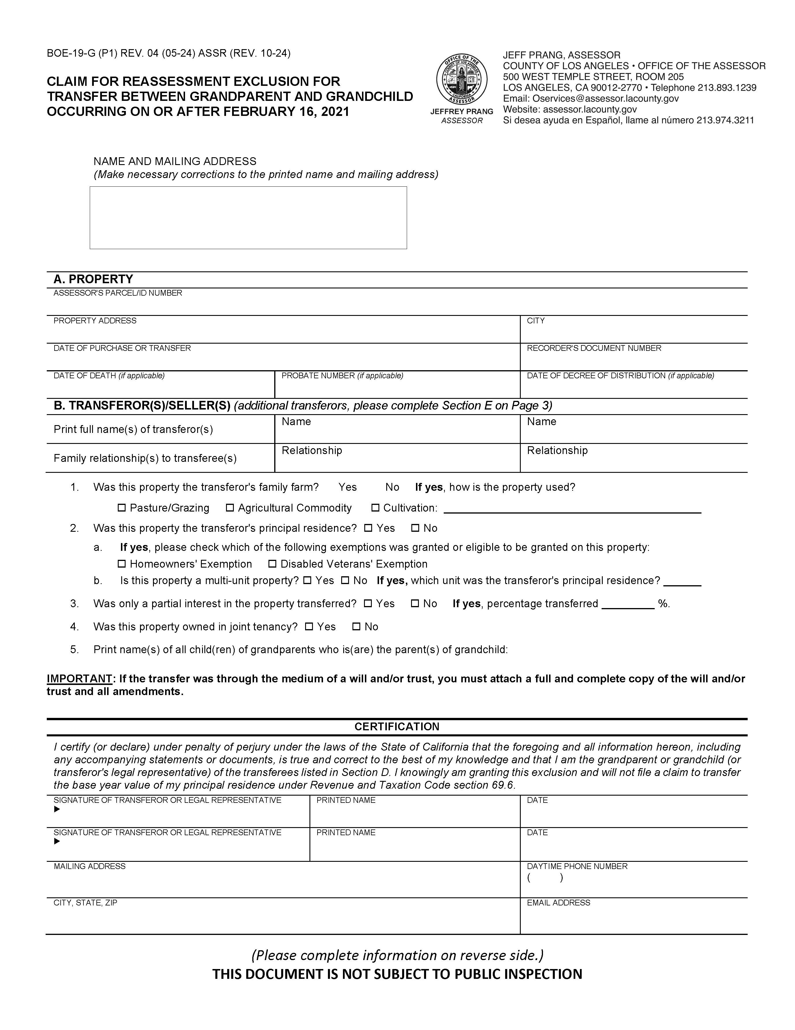Claim For Reassessment Exclusion For Transfer Between Grandparent And Grandchild (Los Angeles County) {BOE-19-G } | Pdf Fpdf Docx | California
