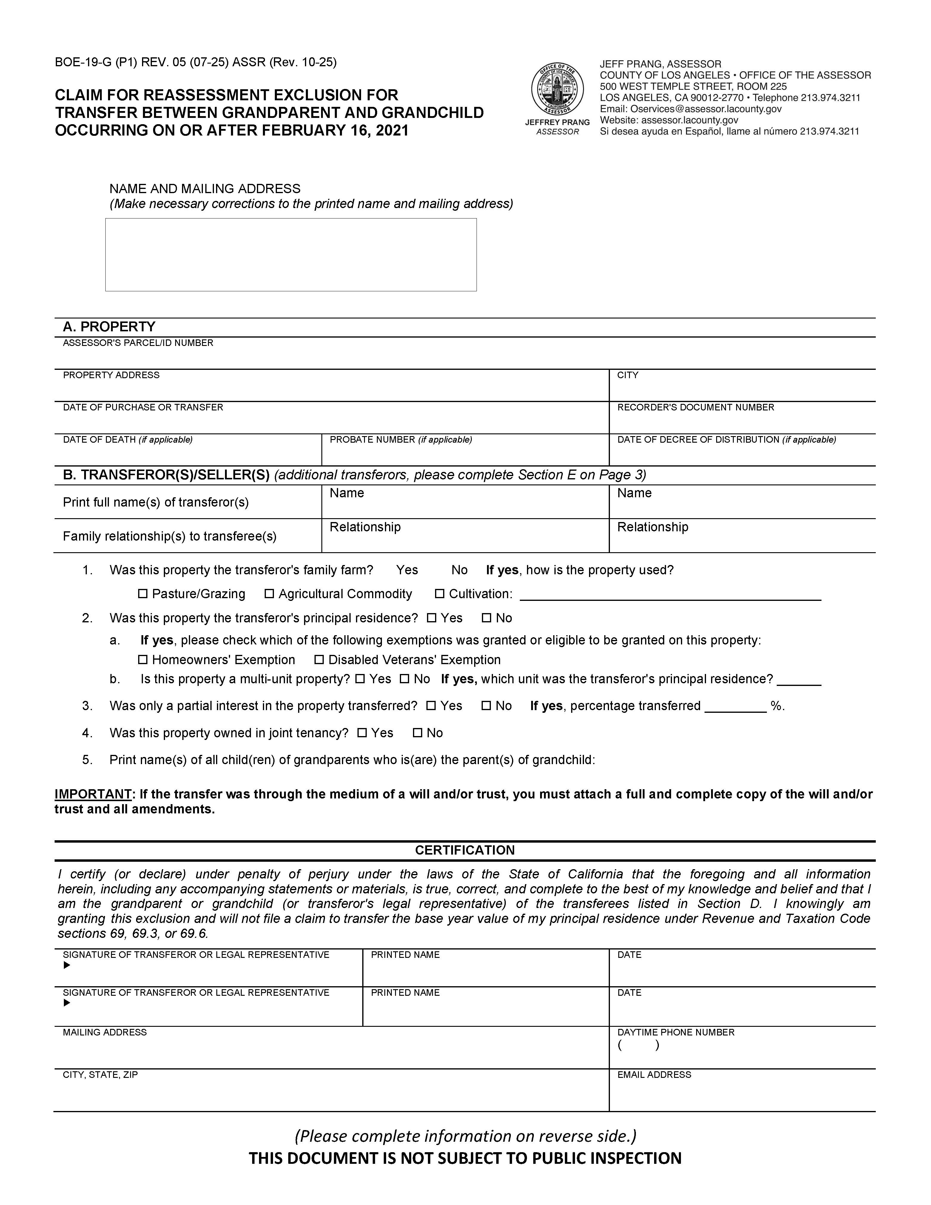 Claim For Reassessment Exclusion For Transfer Between Grandparent And Grandchild (Los Angeles County) {BOE-19-G } | Pdf Fpdf Docx | California