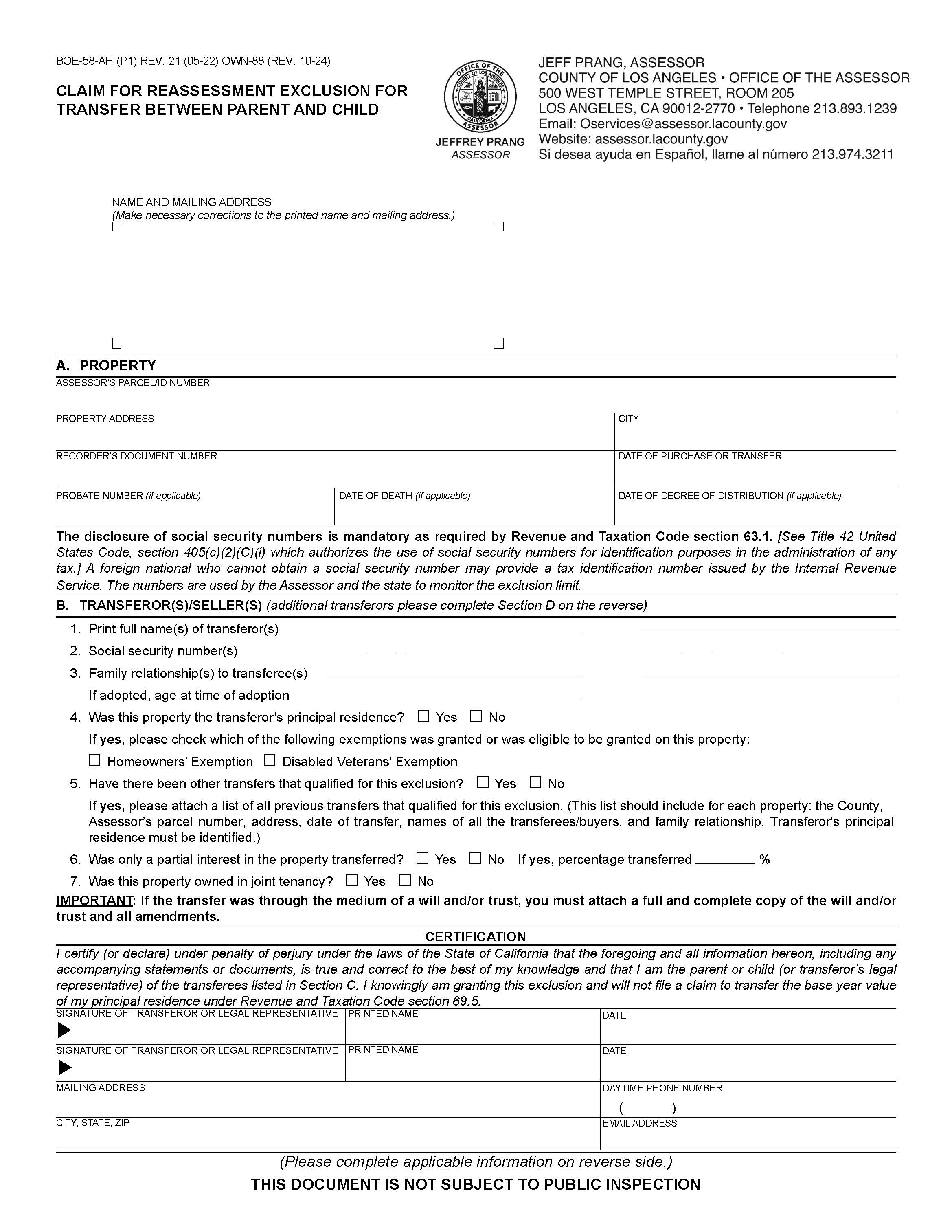 Claim For Reassessment Exclusion For Transfer Between Parent And Child (Before 02-16-21) (Los Angeles) {BOE-58-AH OWN-88} | Pdf Fpdf Docx | California