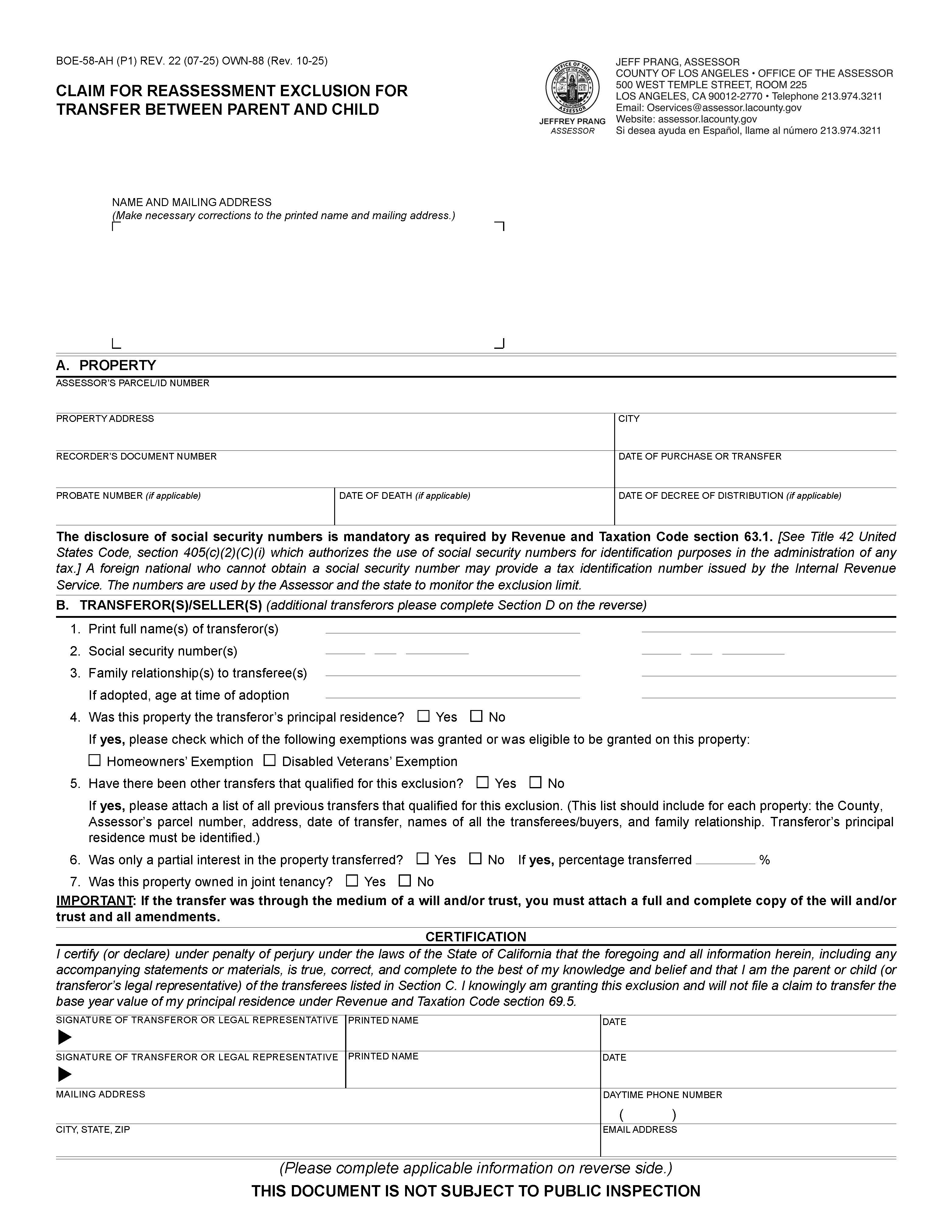 Claim For Reassessment Exclusion For Transfer Between Parent And Child (Before 02-16-21) (Los Angeles) {BOE-58-AH OWN-88} | Pdf Fpdf Docx | California