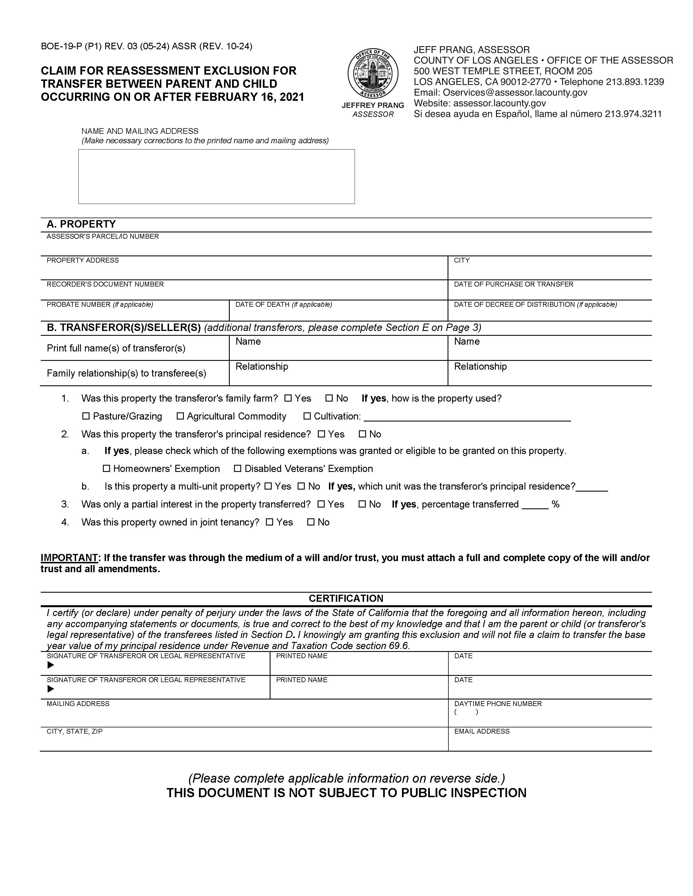 Claim For Reassessment Exclusion For Transfer Between Parent And Child (Los Angeles County) {BOE-19-P} | Pdf Fpdf Docx | California