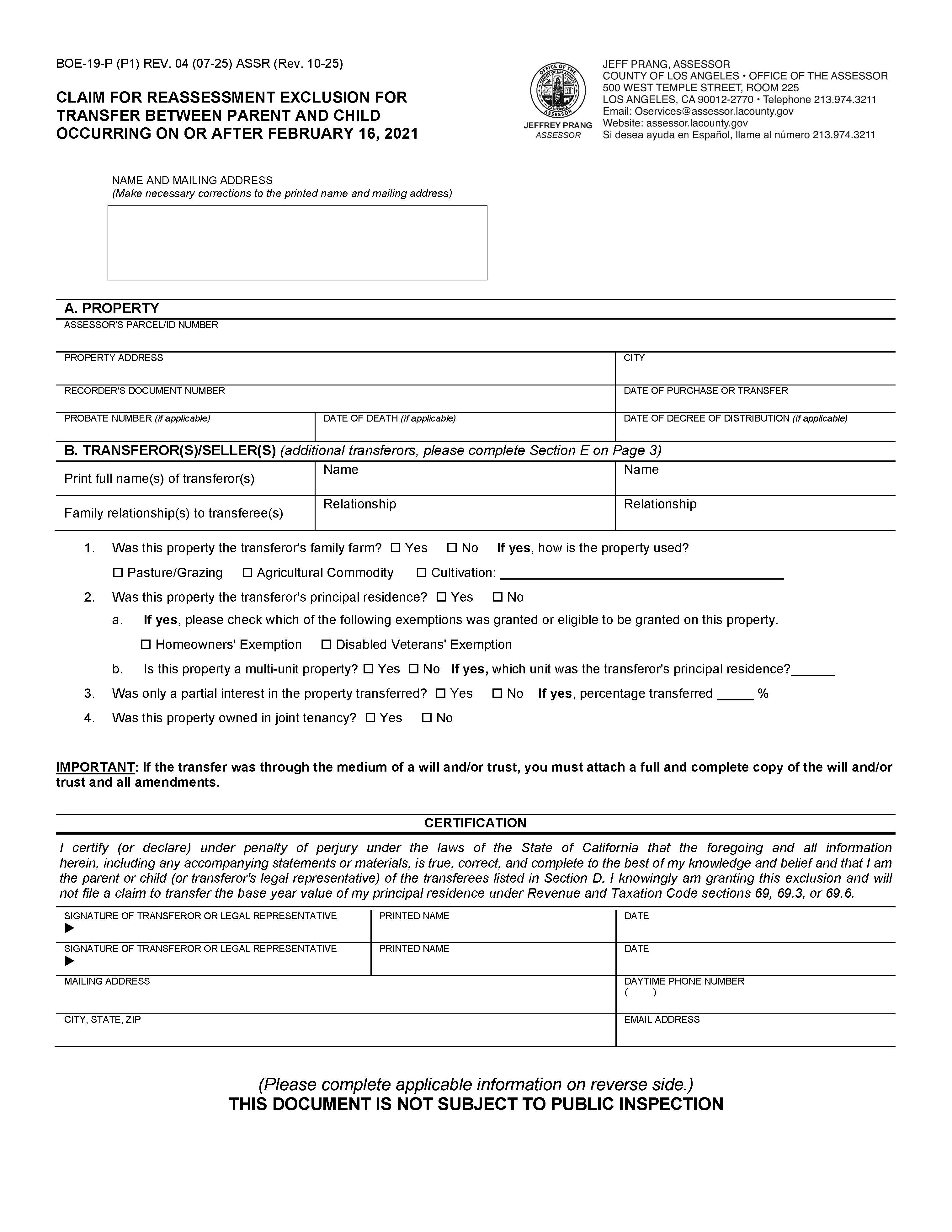 Claim For Reassessment Exclusion For Transfer Between Parent And Child (Los Angeles County) {BOE-19-P} | Pdf Fpdf Docx | California