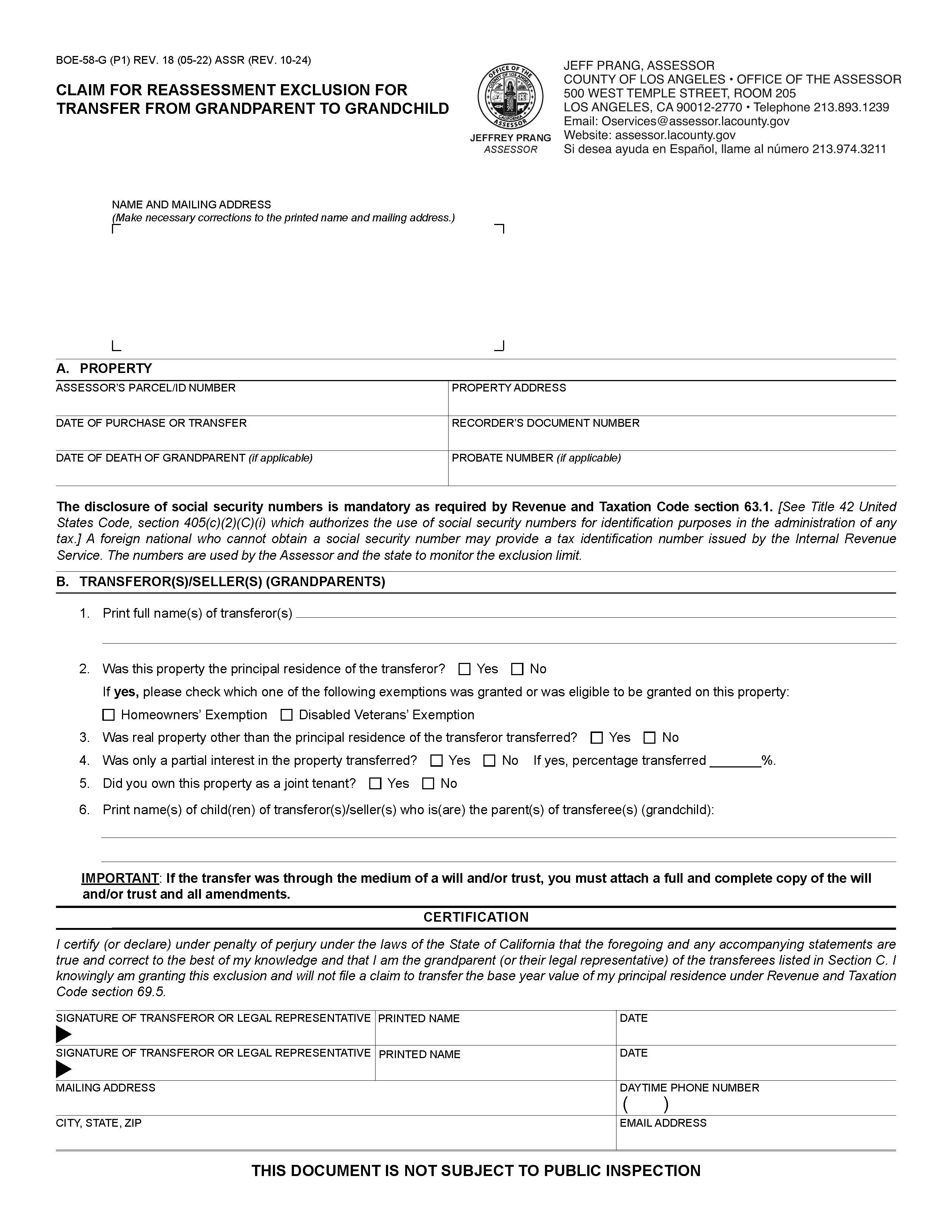 Claim For Reassessment Exclusion-Transfer From Grandparent To Grandchild (Before 02-16-21) (Los Angeles) {BOE-58-G OWN-143} | Pdf Fpdf Docx | California