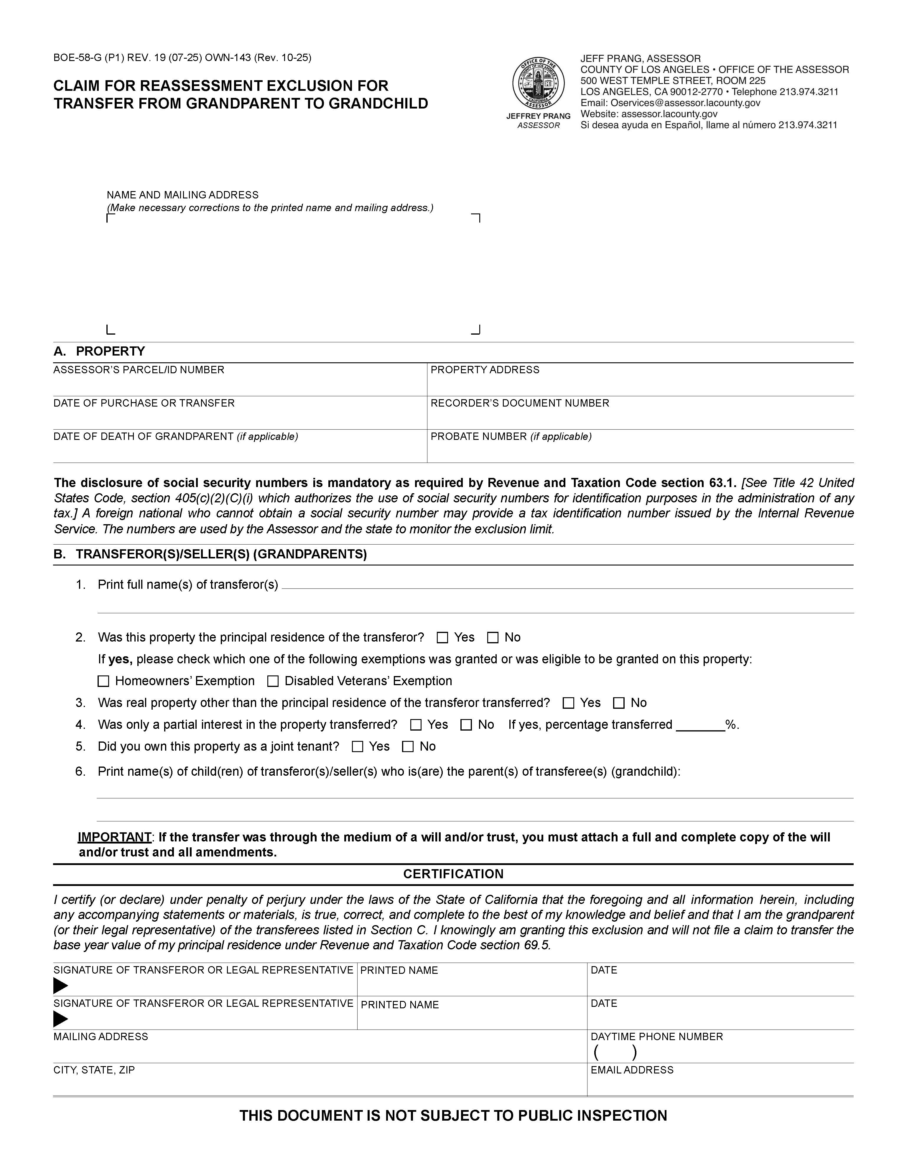 Claim For Reassessment Exclusion-Transfer From Grandparent To Grandchild (Before 02-16-21) (Los Angeles) {BOE-58-G OWN-143} | Pdf Fpdf Docx | California