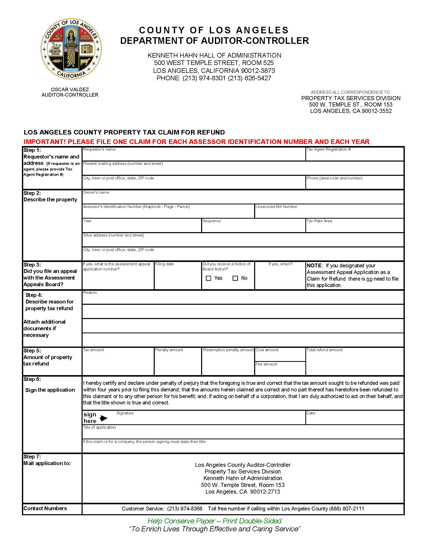 Claim For Refund Of Property Taxes | Pdf Fpdf Doc Docx | California