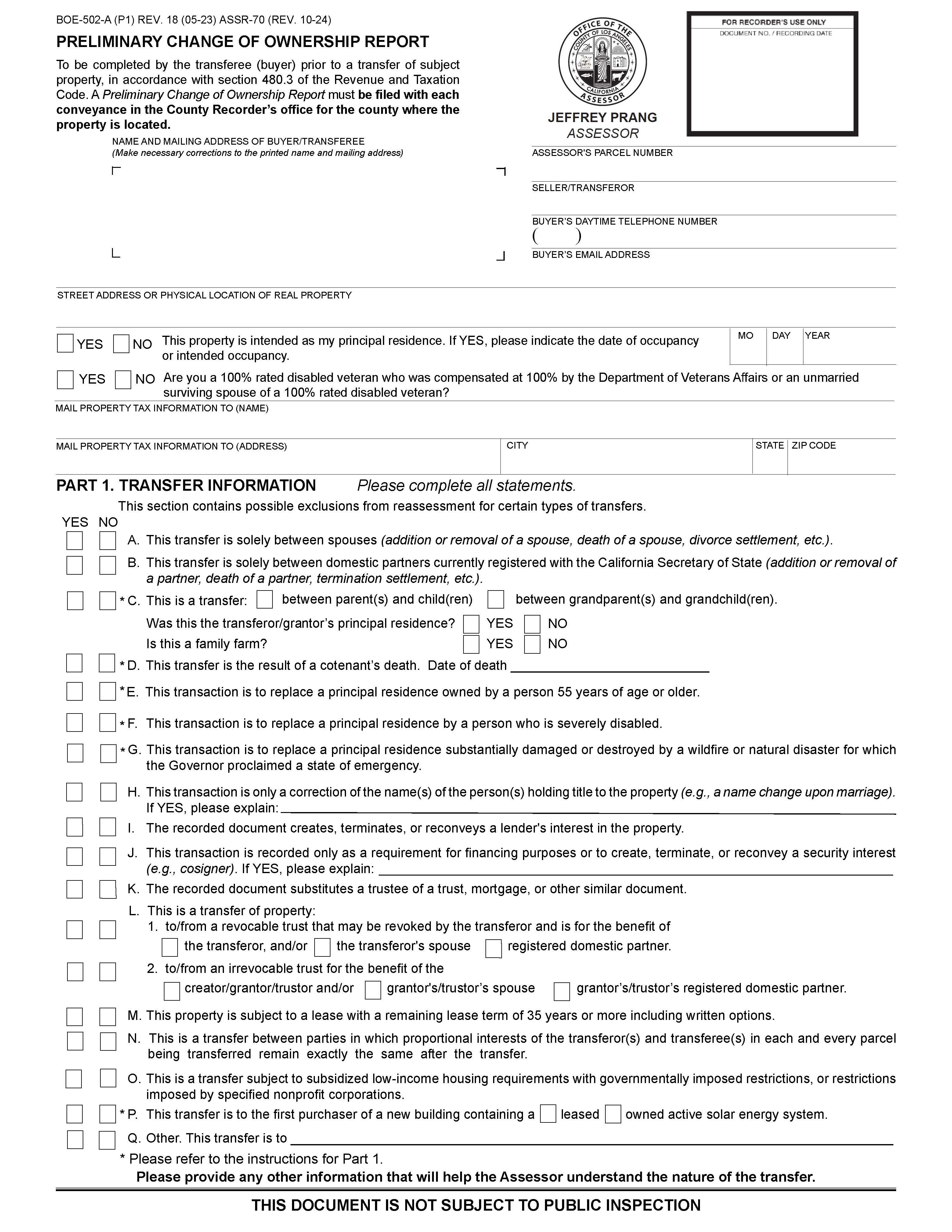Preliminary Change Of Ownership Report (Los Angeles County) {BOE-502-A ASSR-70} | Pdf Fpdf Docx | California