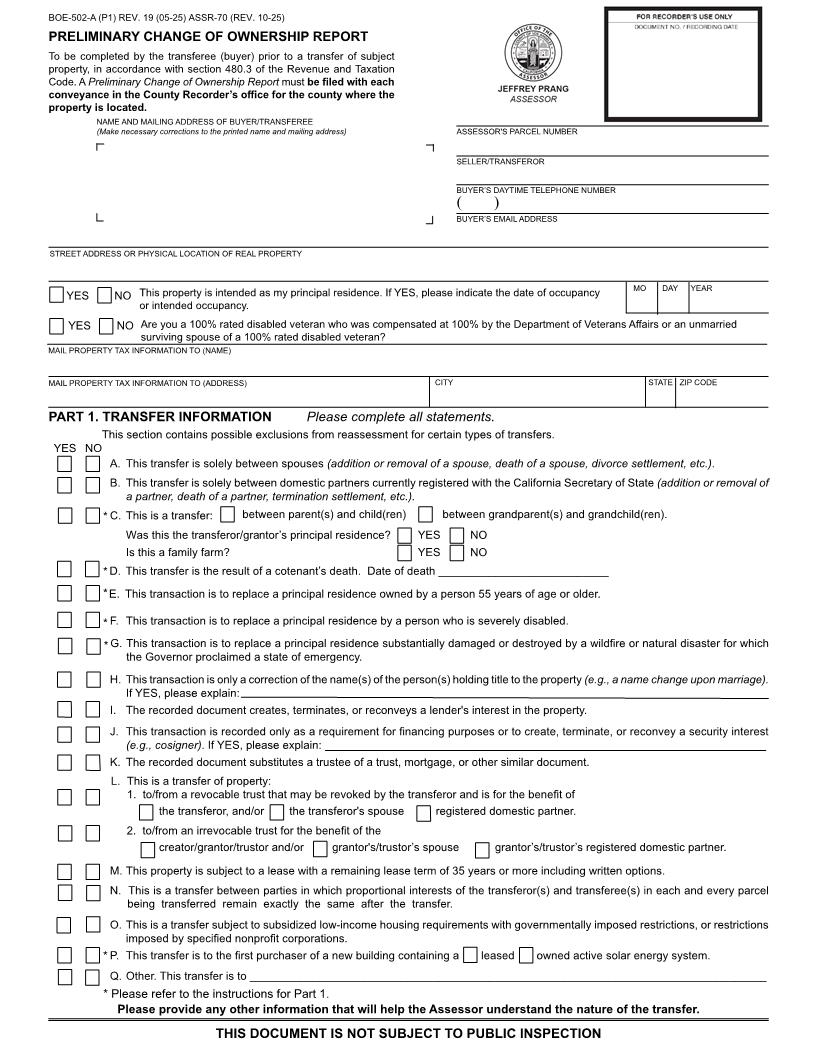 Preliminary Change Of Ownership Report (Los Angeles County) {BOE-502-A ASSR-70} | Pdf Fpdf Docx | California