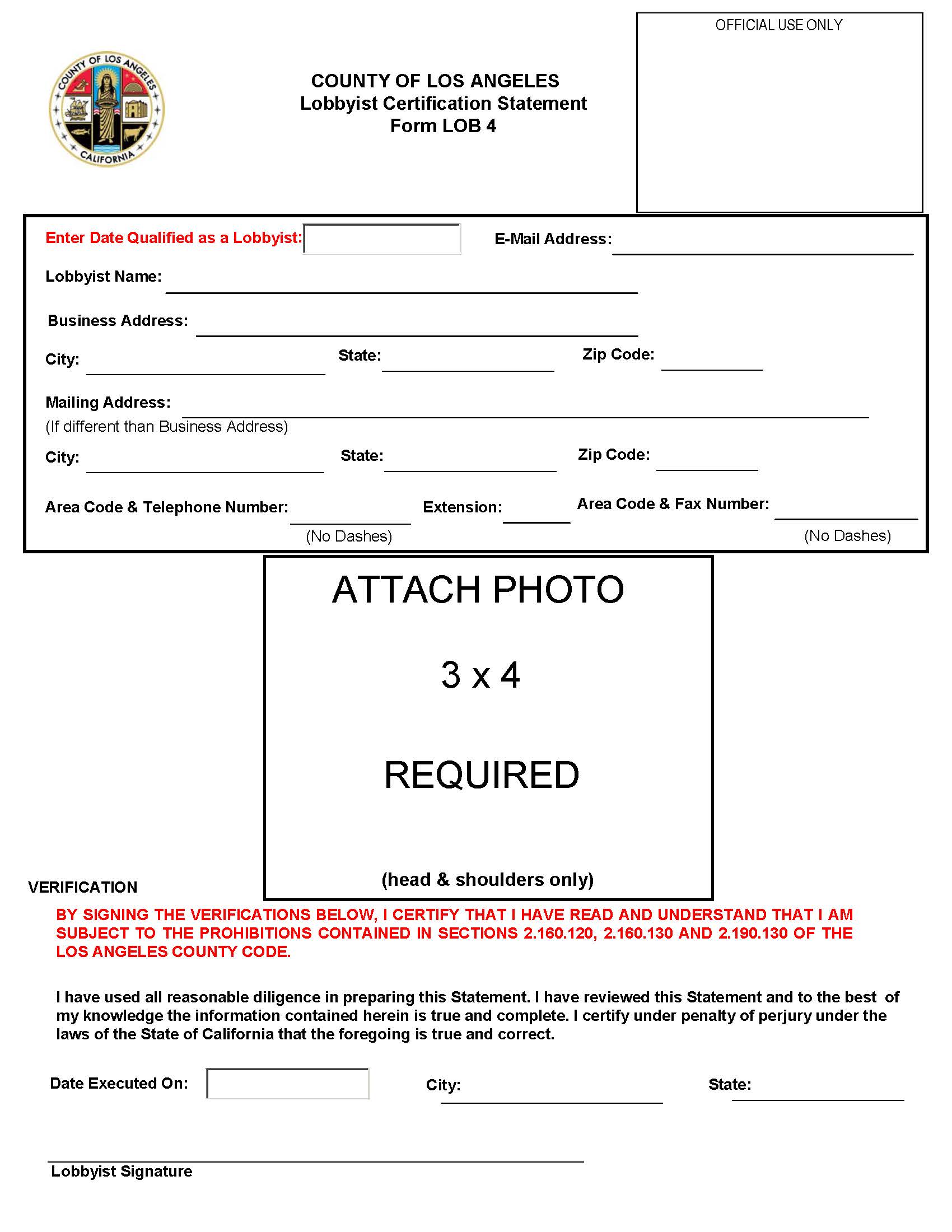 FORM LOB 4 Lobbyist Certification Statement {LOB 4} | Pdf Fpdf Doc Docx | California