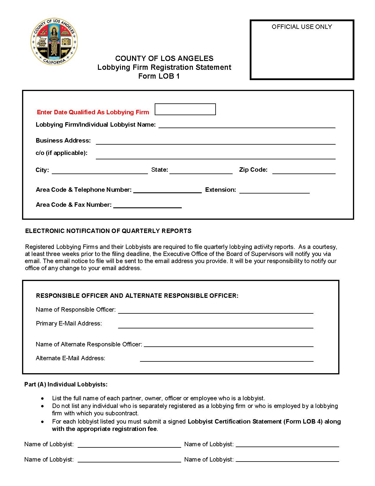 Form LOB 1 Lobbying Firm-Individual Lobbyist Registration Statement {LOB 1} | Pdf Fpdf Doc Docx | California