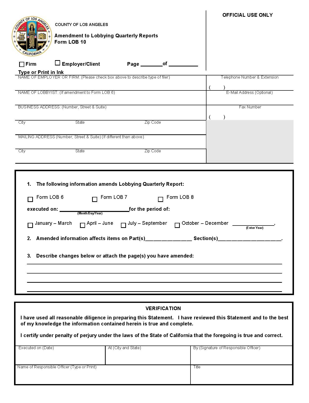 Form LOB 10 Amendment To Lobbyist Quarterly Reports {LOB 10} | Pdf Fpdf Doc Docx | California