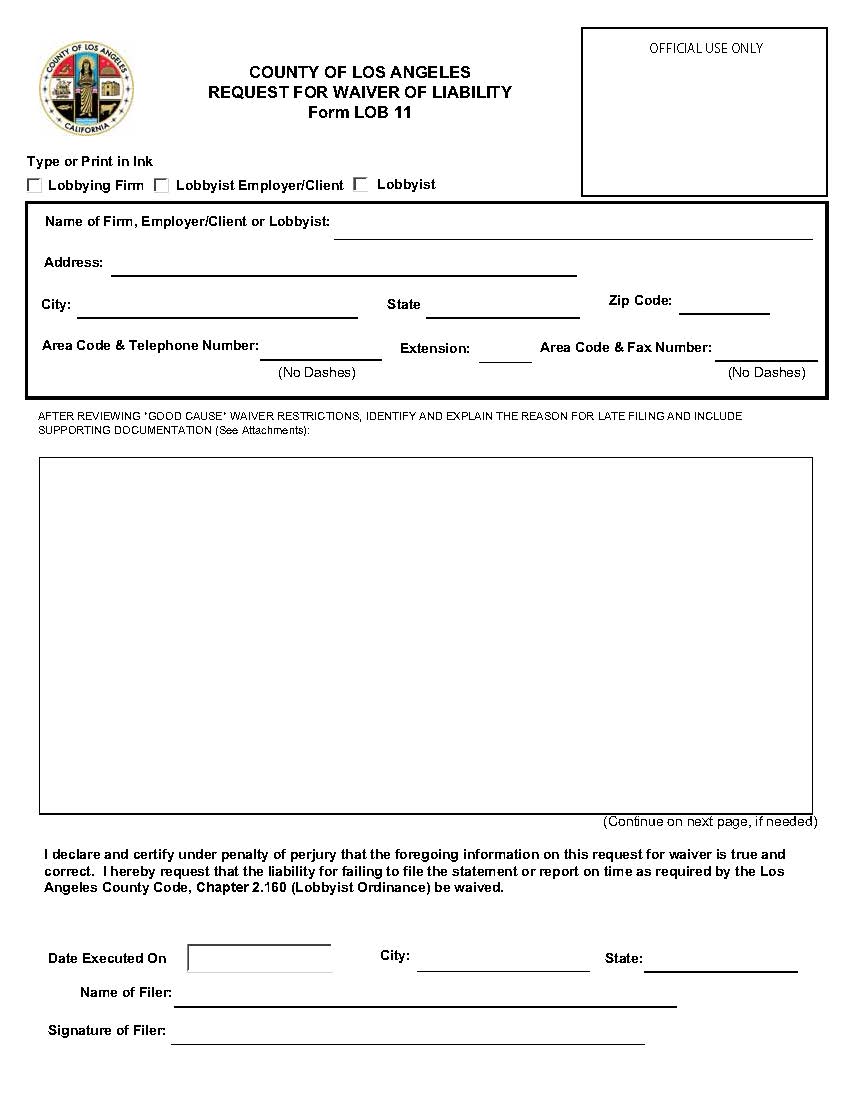 Form LOB 11 Request For Waiver Of Liability {LOB 11} | Pdf Fpdf Doc Docx | California