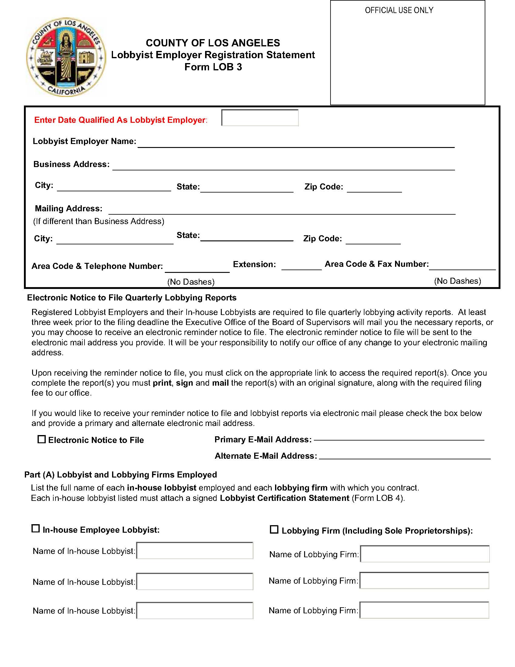 Form LOB 3 Lobbyist Employer Registration Statement {LOB 3} | Pdf Fpdf Doc Docx | California