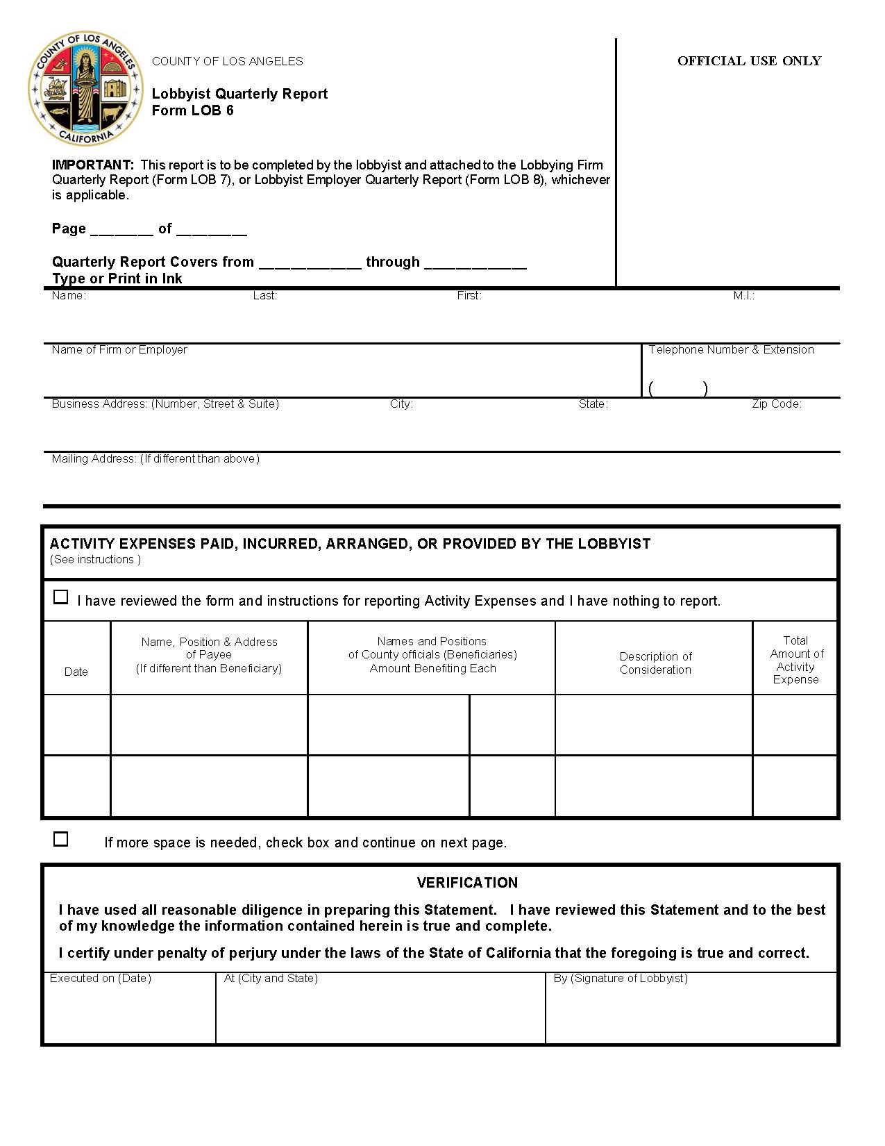 Form LOB 6 Lobbyist Quarterly Report {LOB 6} | Pdf Fpdf Doc Docx | California