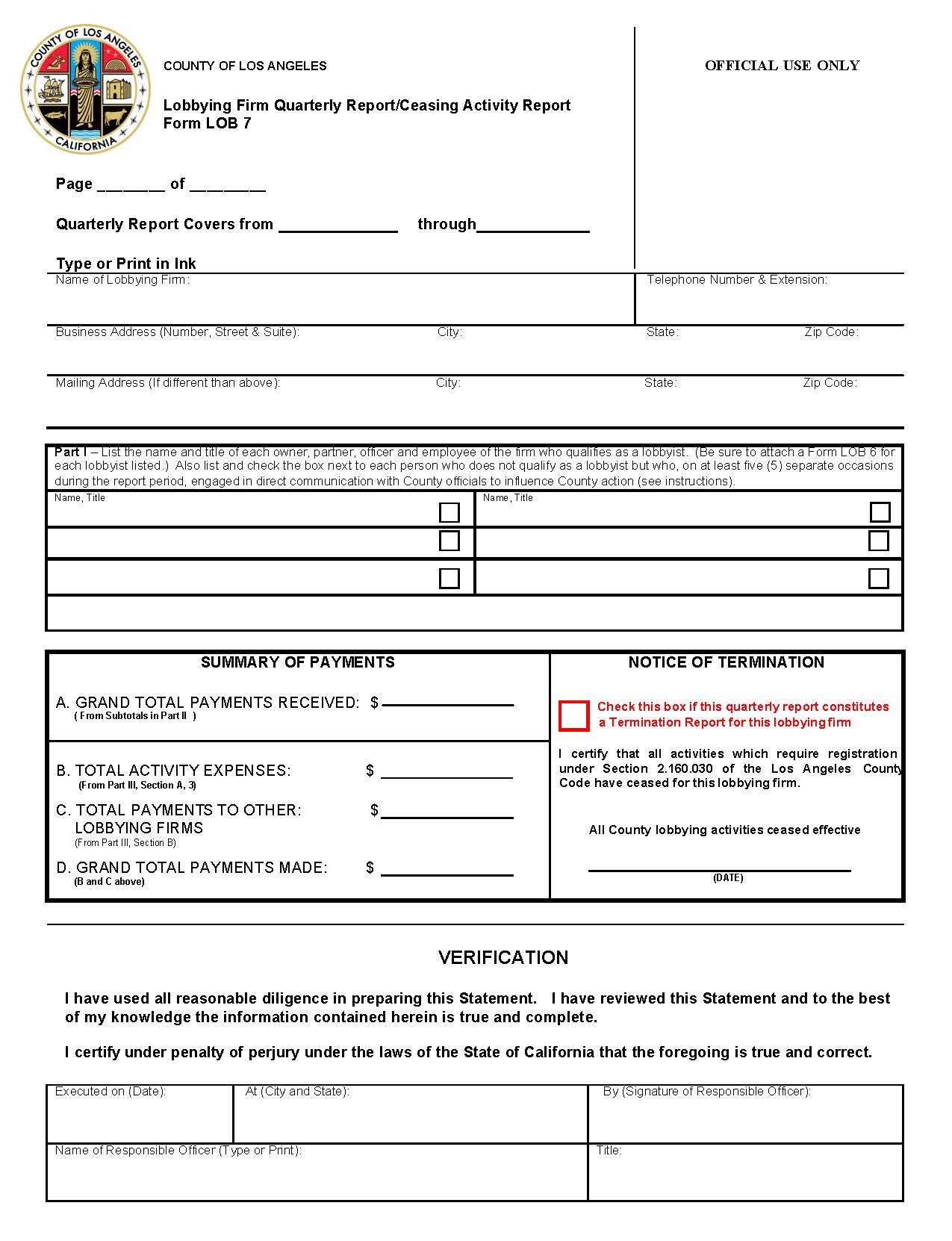 Form LOB 7 Lobbyist Firm Quarterly Report {LOB 7} | Pdf Fpdf Doc Docx | California