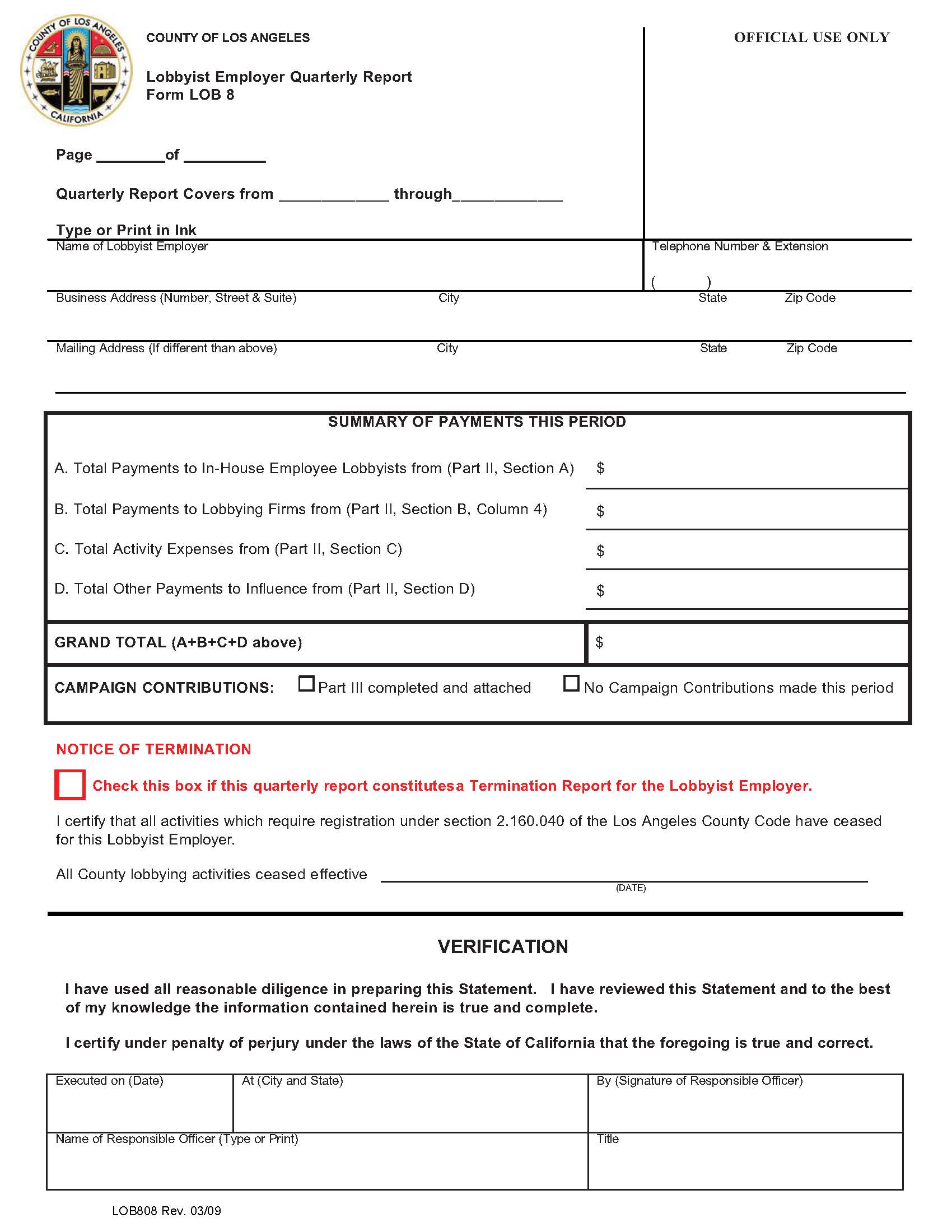 Form LOB 8 Lobbyist Employer Quarterly Report {LOB 8} | Pdf Fpdf Doc Docx | California