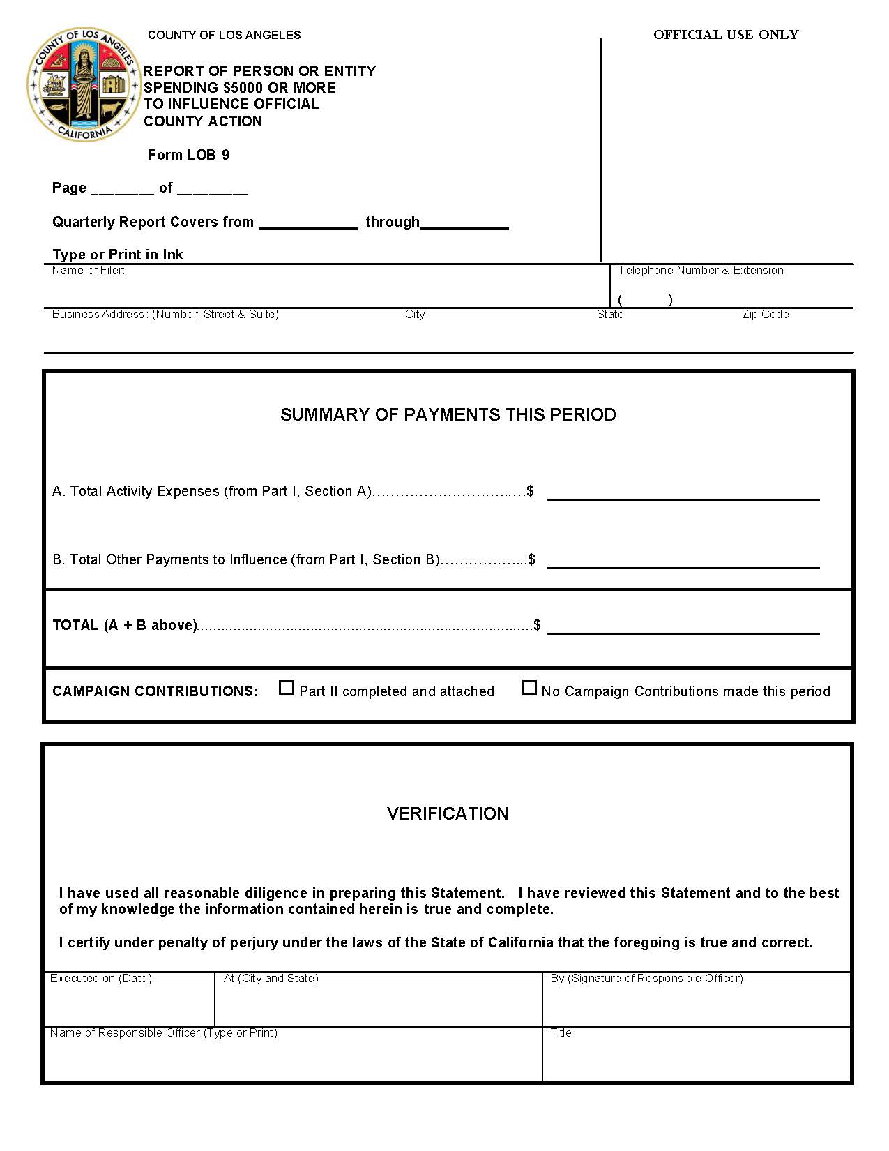 Form LOB 9 Report Of Person Or Entity Spending 5000 {LOB 9} | Pdf Fpdf Doc Docx | California
