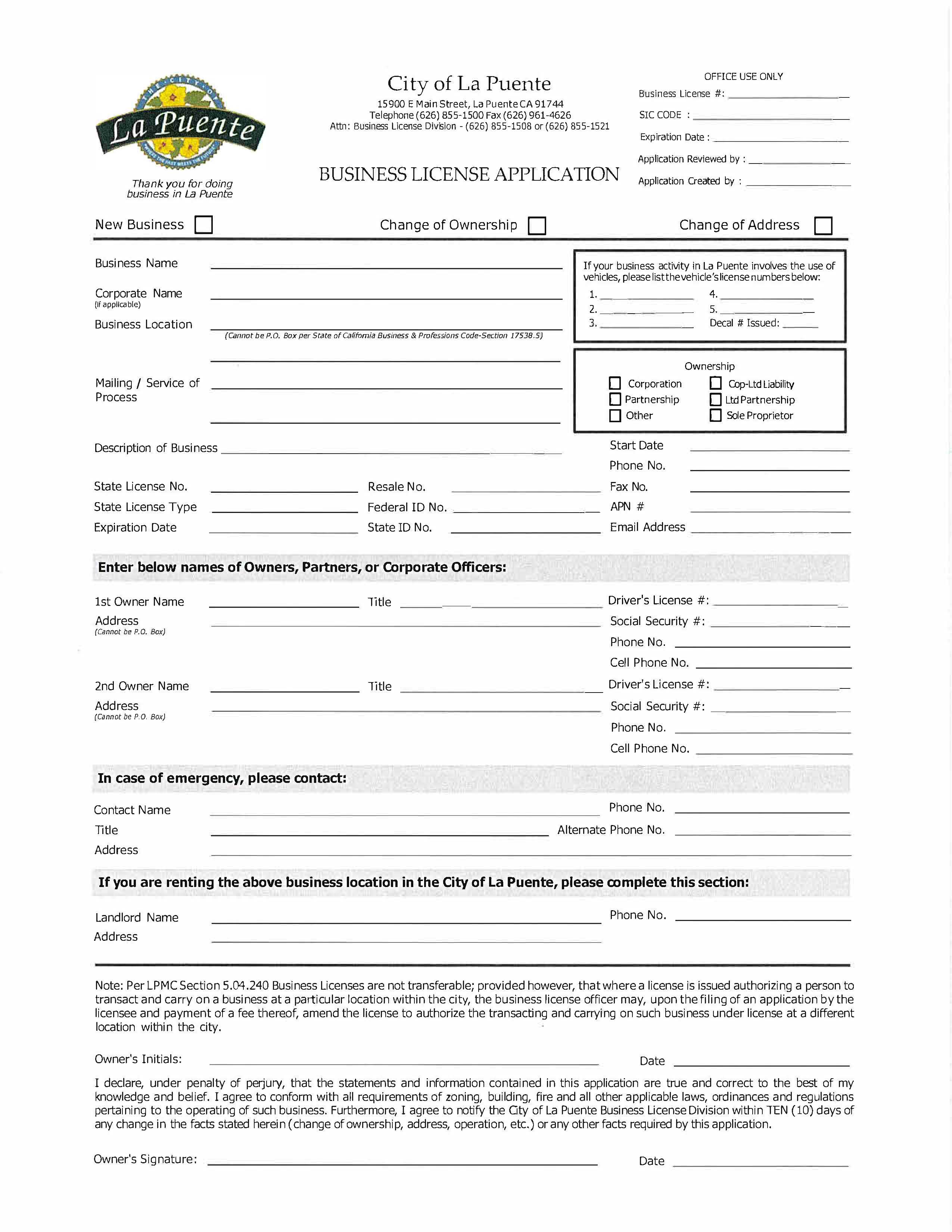 Business License Application (City Of La Puente) | Pdf Fpdf Docx | California