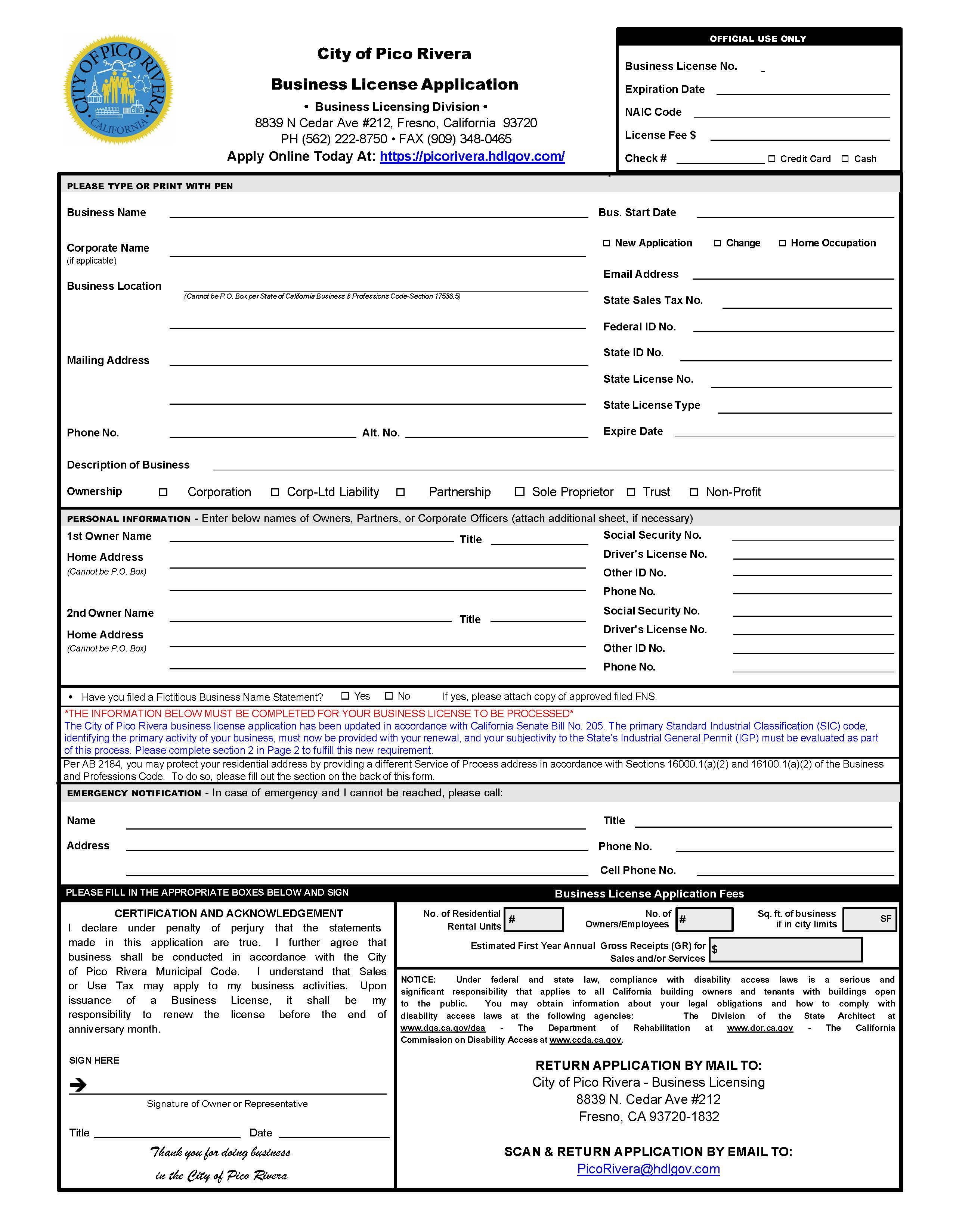 Business License Application (City Of Pico Rivera) | Pdf Fpdf Docx | California