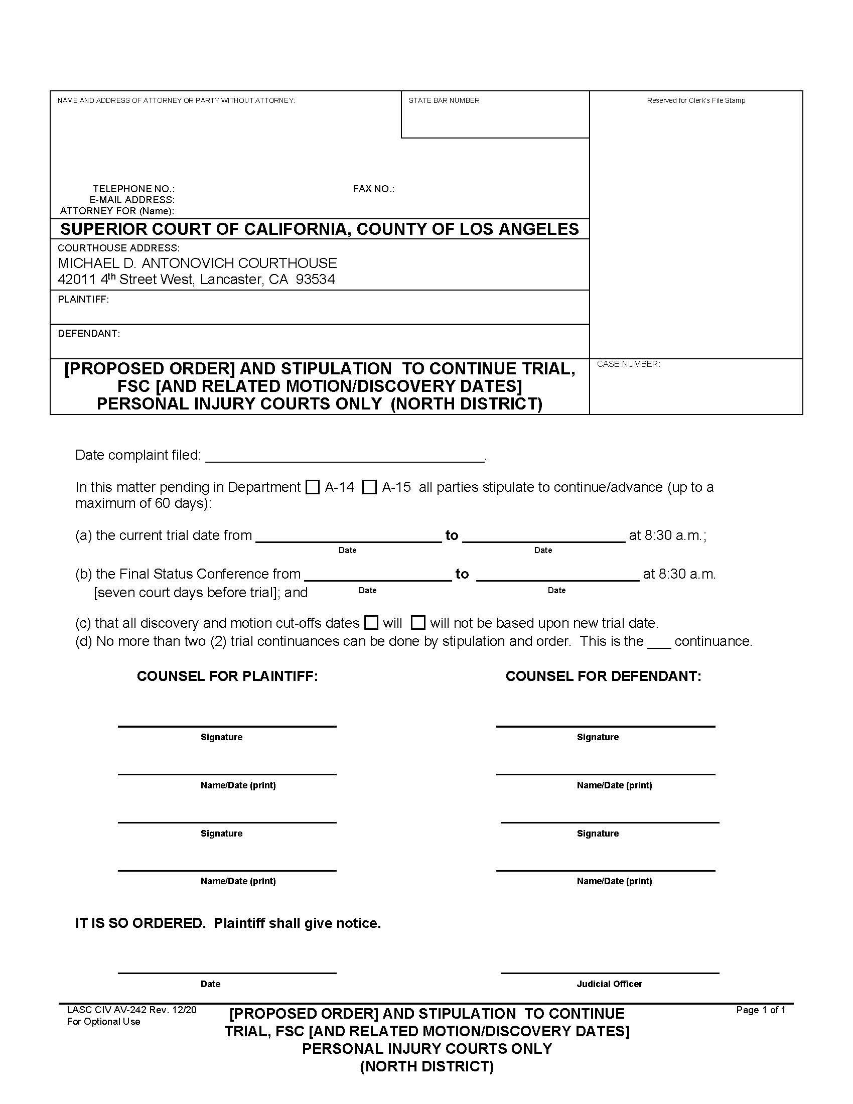 (Proposed Order) And Stipulation To Continue Trial (North District) {LACIV-AV-242} | Pdf Fpdf Docx | California