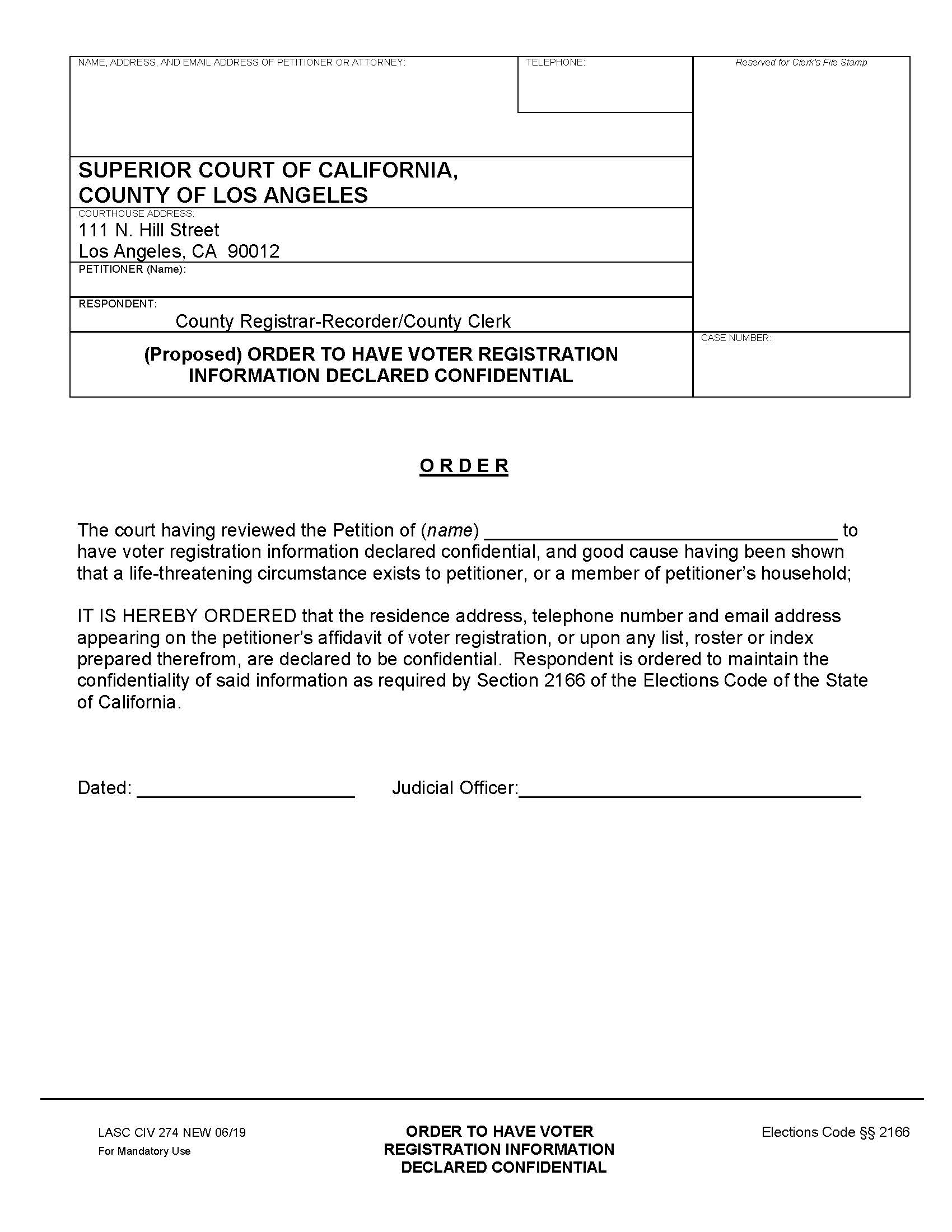 (Proposed) Order To Have Voter Registration Information Declared Confidential {LACIV274} | Pdf Fpdf Docx | California
