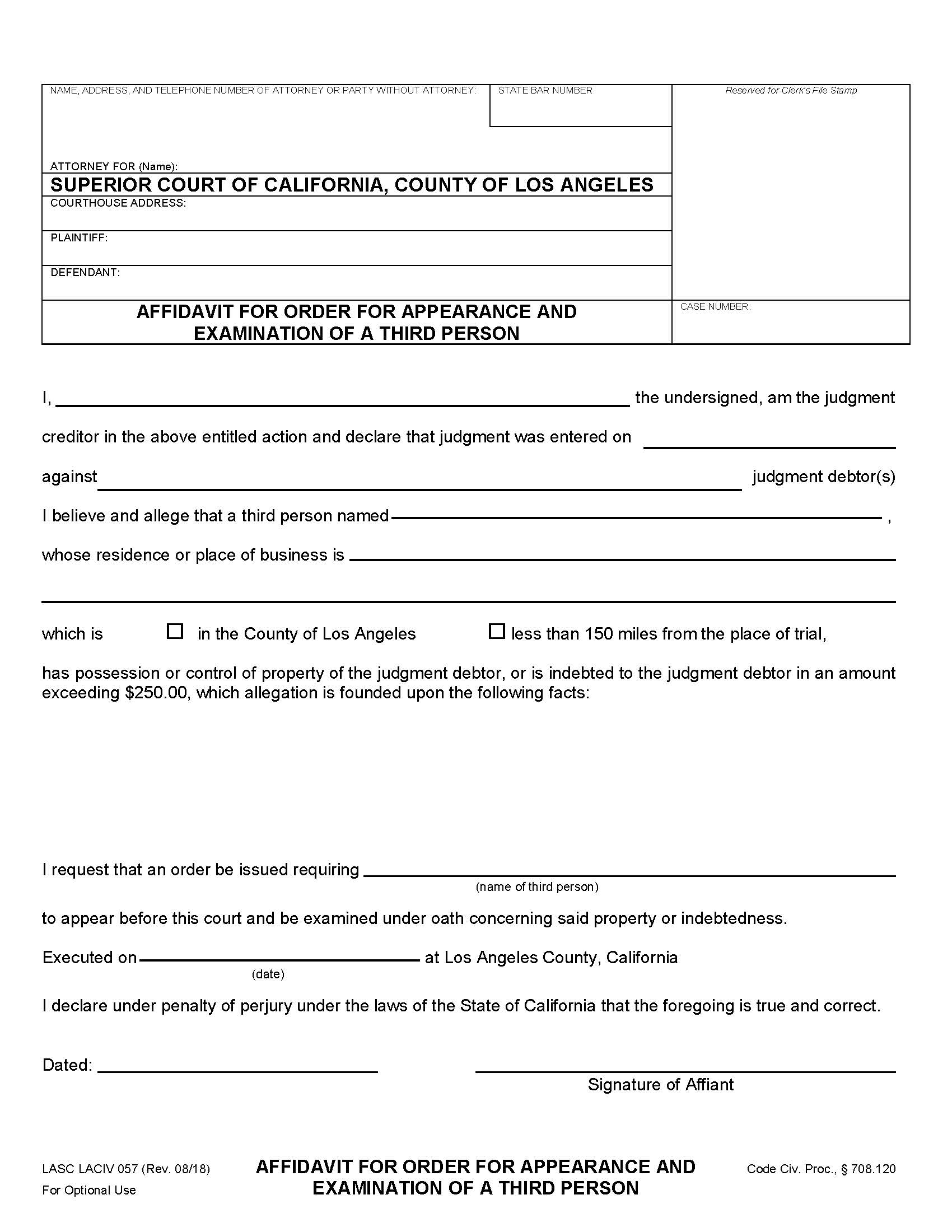 Affidavit For Order For Appearance And Examination Of A Third Person {LACIV 057} | Pdf Fpdf Docx | California