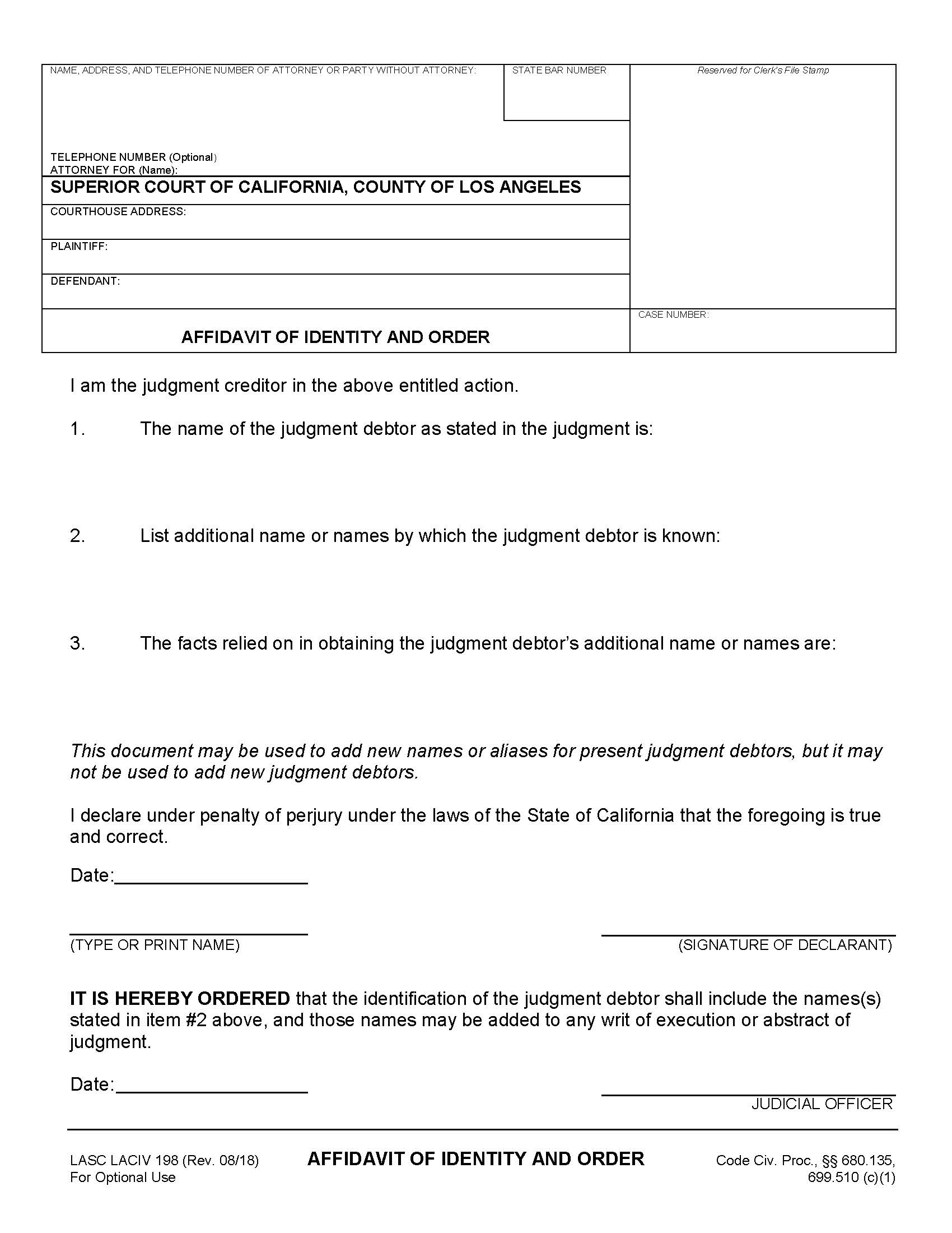 Affidavit Of Identity And Order {LACIV 198} | Pdf Fpdf Docx | California