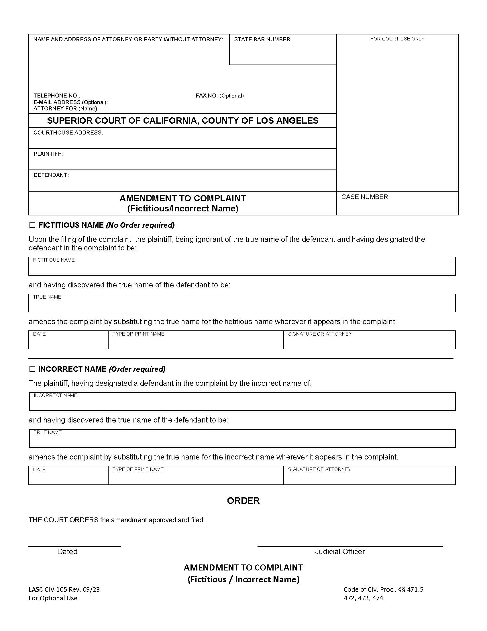 Amendment To Complaint (Fictitious-Incorrect Name) {LACIV 105} | Pdf Fpdf Docx | California