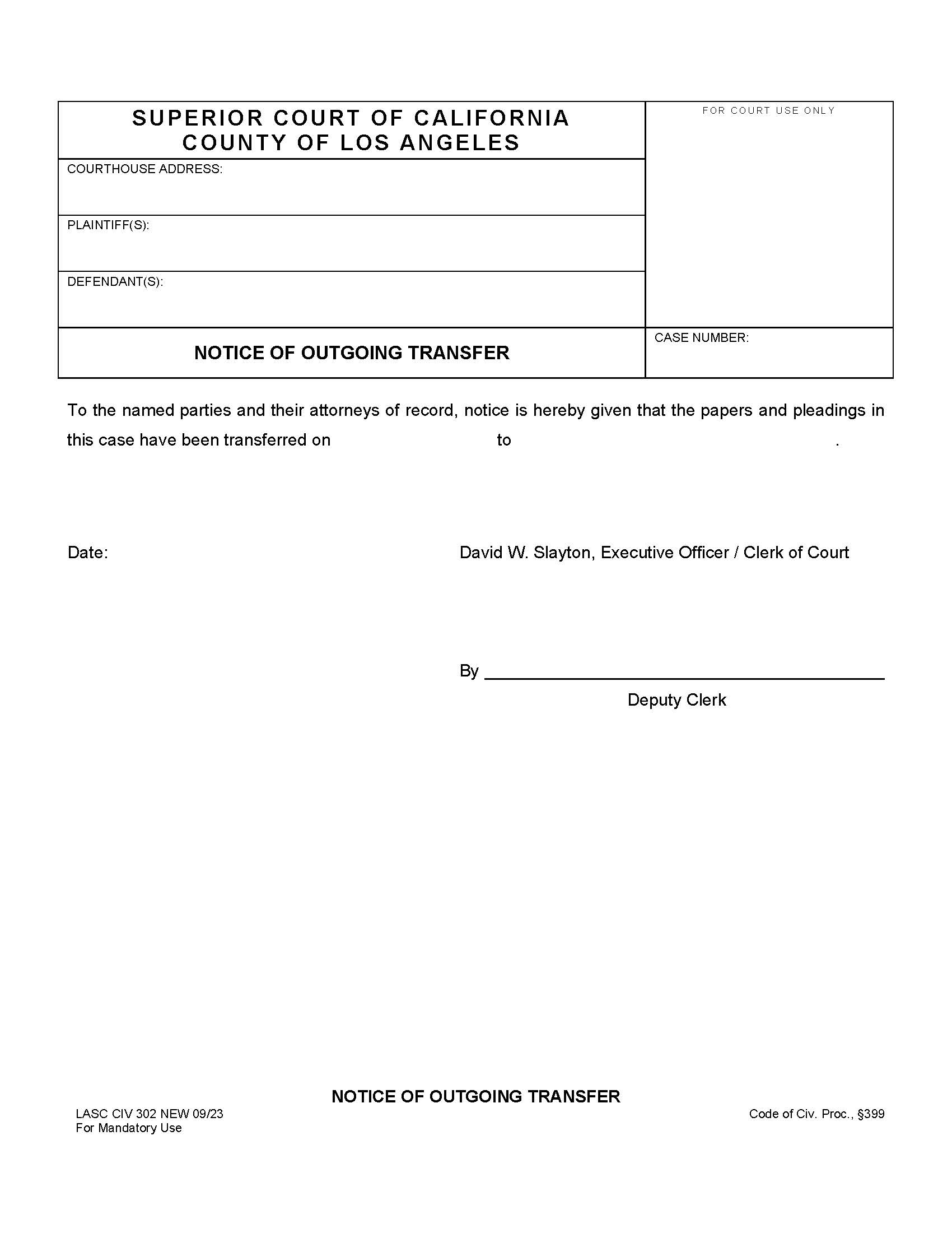 Amendment To Complaint (Notice Of Outgoing Transfer) {LASCIV302} | Pdf Fpdf Docx | California