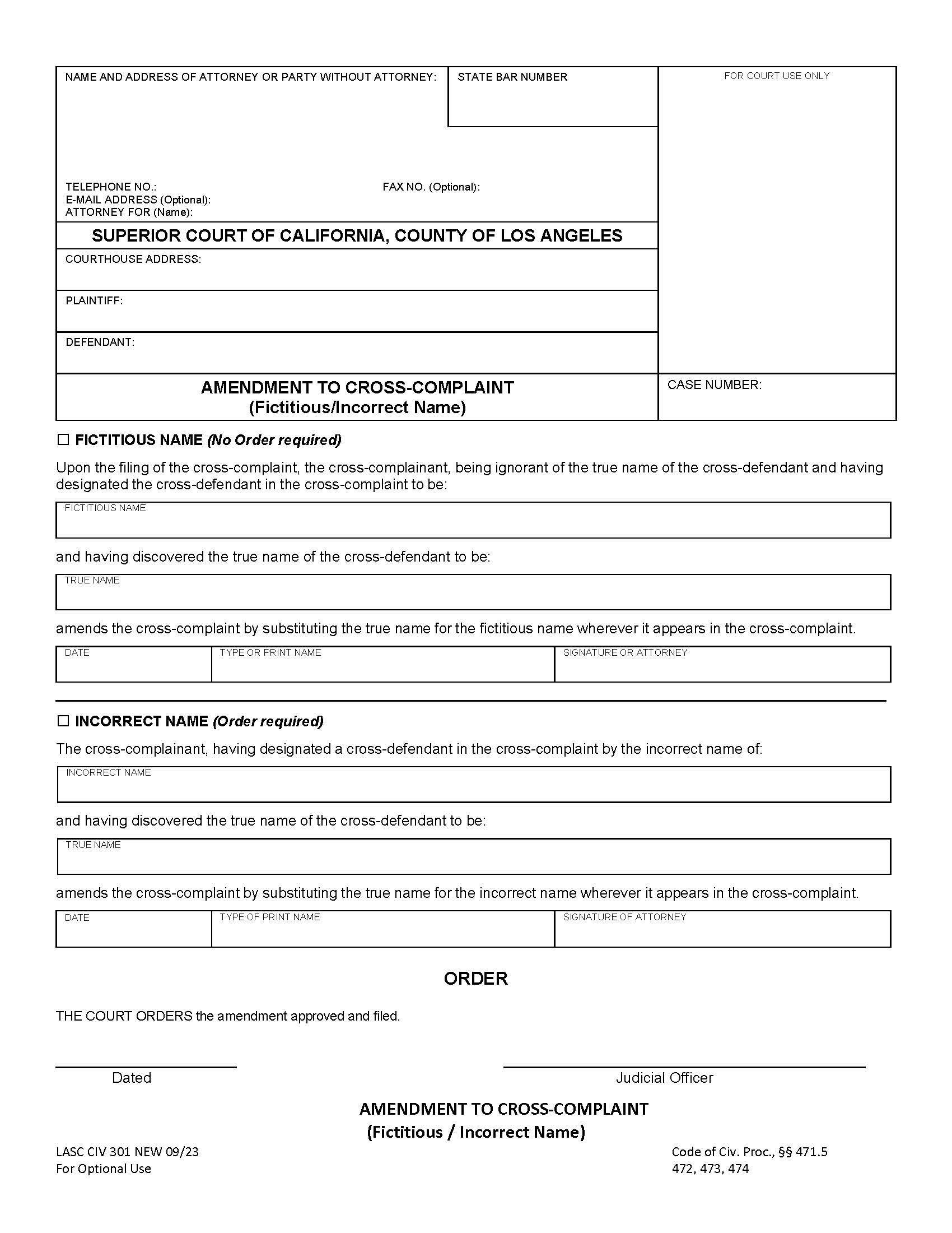 Amendment To Cross-Complaint {LASCIV301} | Pdf Fpdf Docx | California