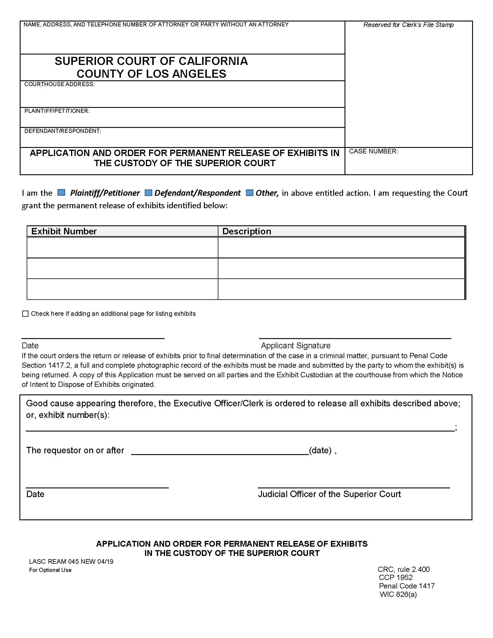 Application And Order For Permanent Release Of Exhibits In The Custody {REAM 045} | Pdf Fpdf Docx | California
