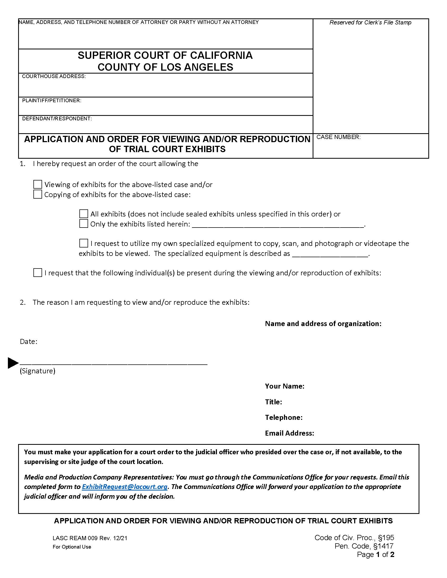Application And Order For Viewing And-Or Reproduction Of Trial Court Exhibits {REAM 009} | Pdf Fpdf Docx | California