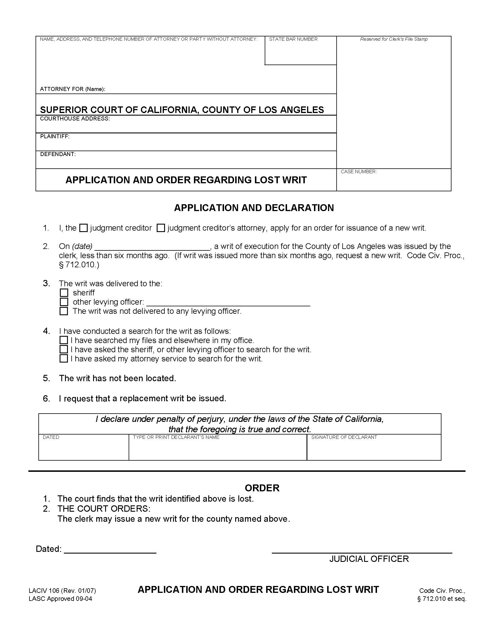 Application And Order Regarding Lost Writ {LACIV 106} | Pdf Fpdf Doc Docx | California