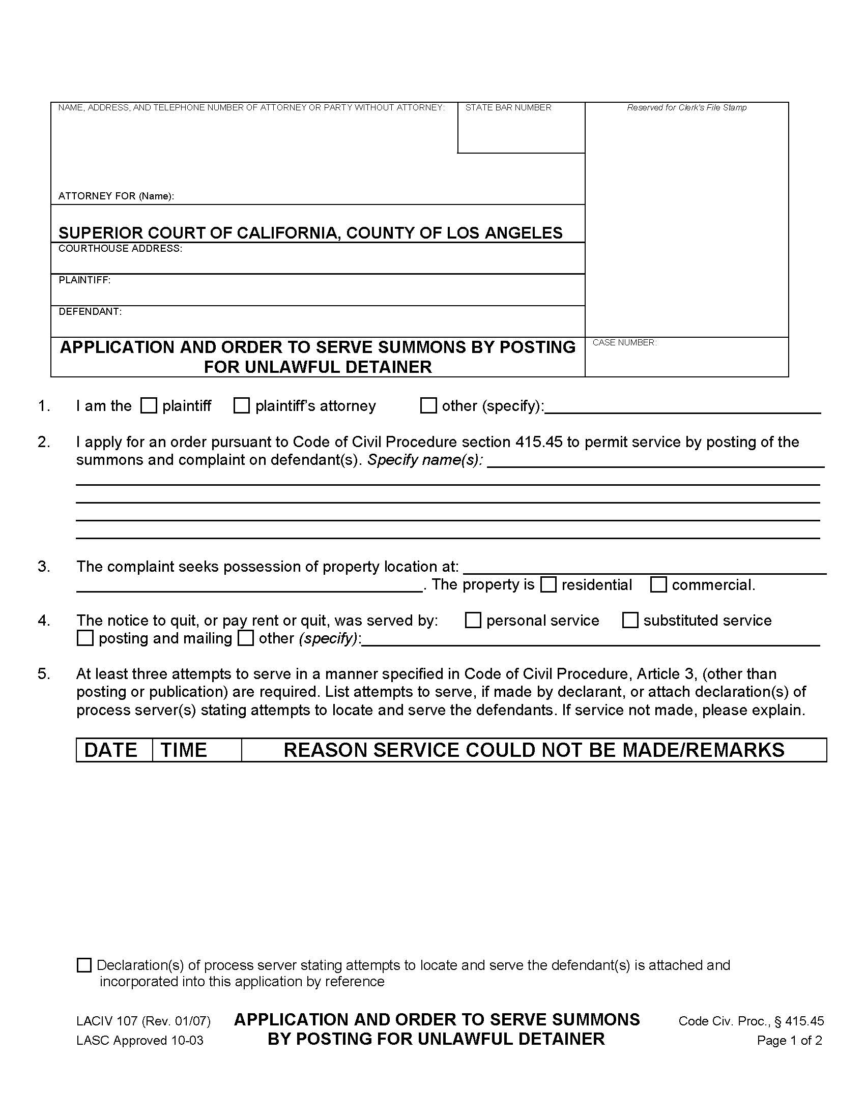 Application And Order To Serve Summons By Posting For Unlawful Detainer {LACIV 107} | Pdf Fpdf Doc Docx | California