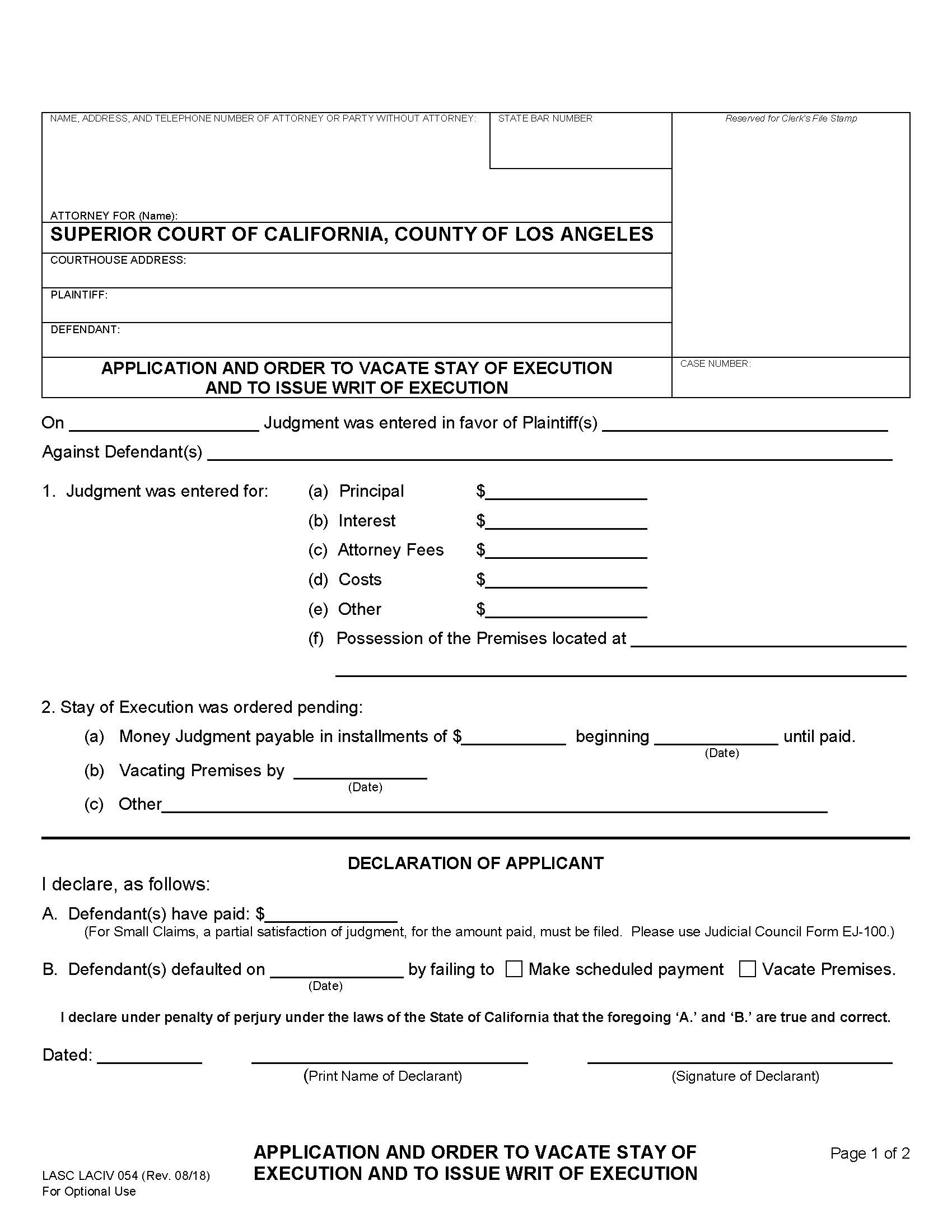 Application And Order To Vacate Stay Of Execution And To Issue Writ Of Execution {LACIV-054} | Pdf Fpdf Docx | California