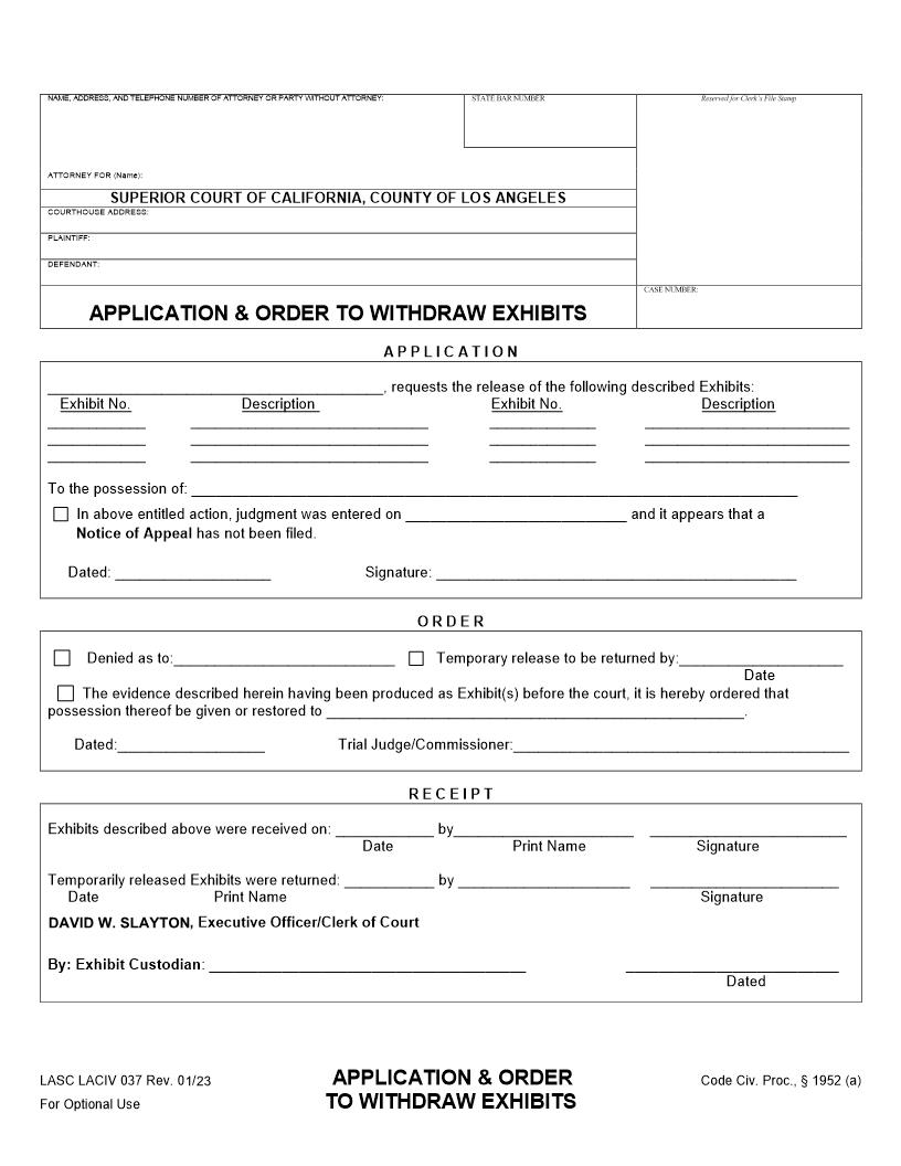 Application And Order To Withdraw Exhibits {LACIV 037} | Pdf Fpdf Docx | California