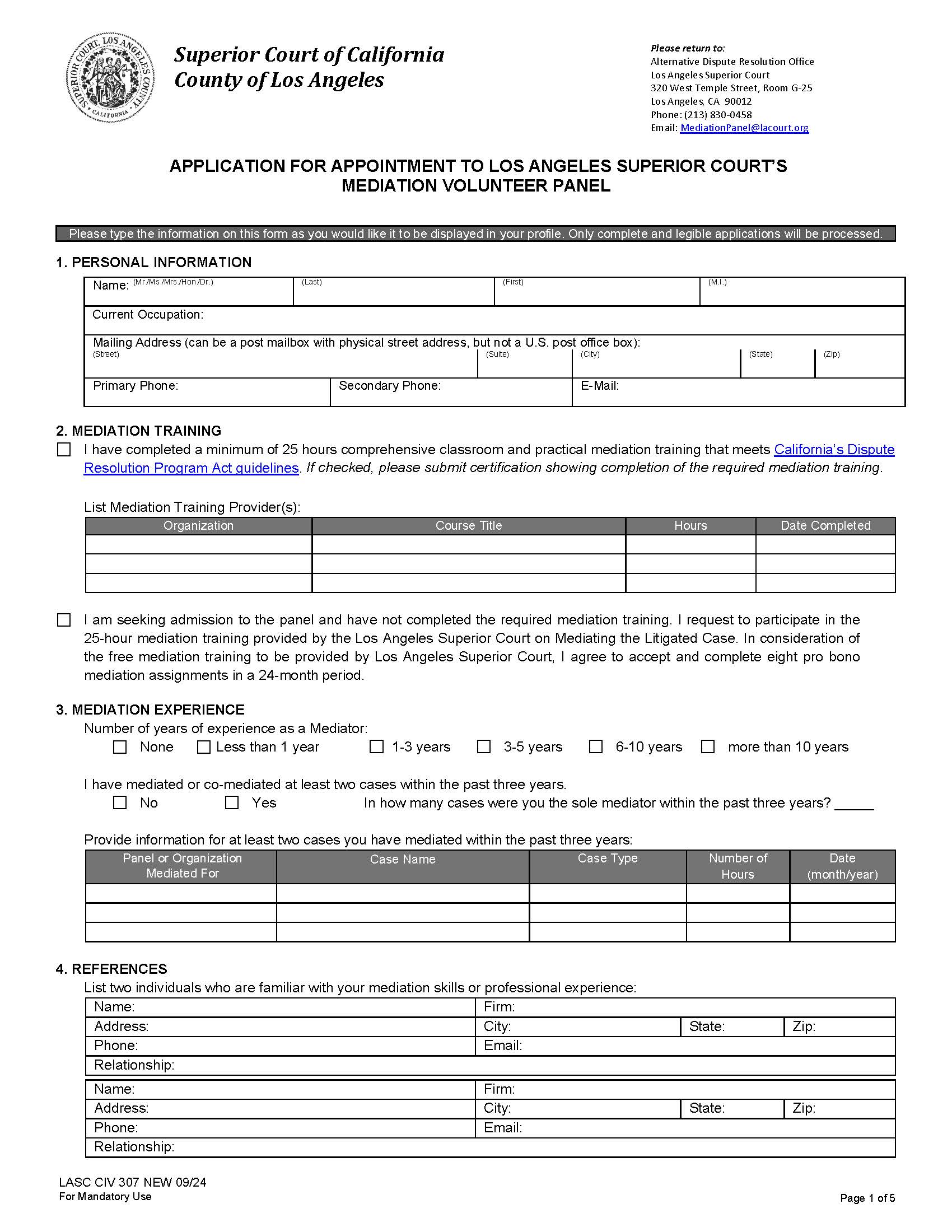 Application For Appointment To Mediator Volunteer Panel {LACIV307} | Pdf Fpdf Docx | California