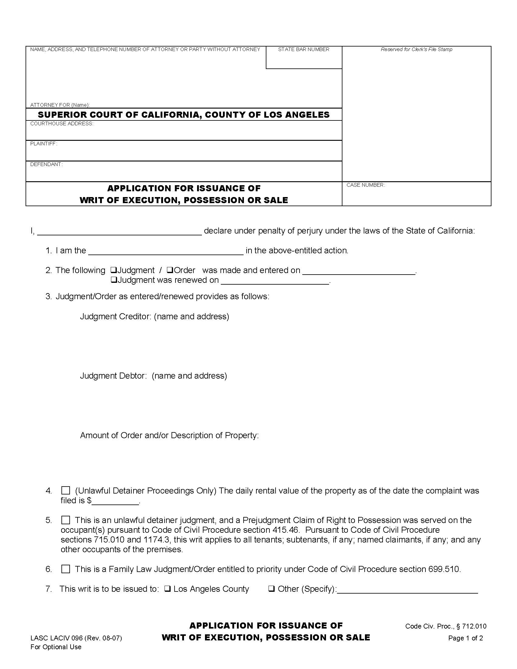 Application For Issuance Of Writ Of Execution Possession Or Sale {LACIV 096} | Pdf Fpdf Docx | California