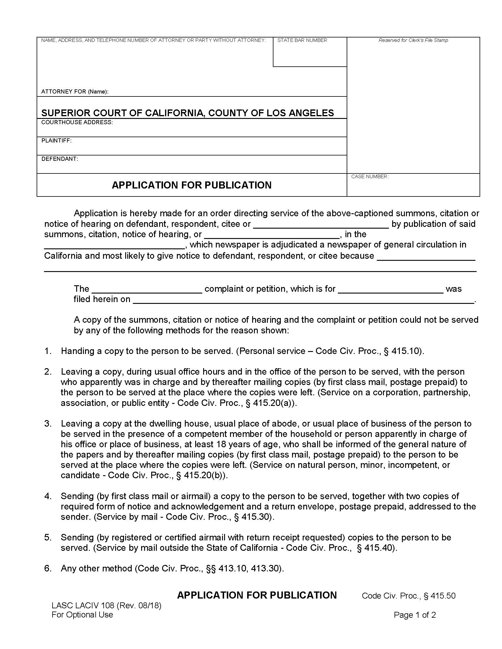 Application For Publication {LACIV 108} | Pdf Fpdf Docx | California