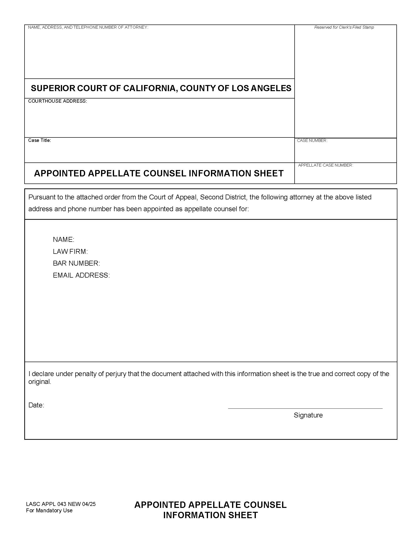 Appointed Appellate Counsel Information Sheet {APPL 043} | Pdf Fpdf Docx | California