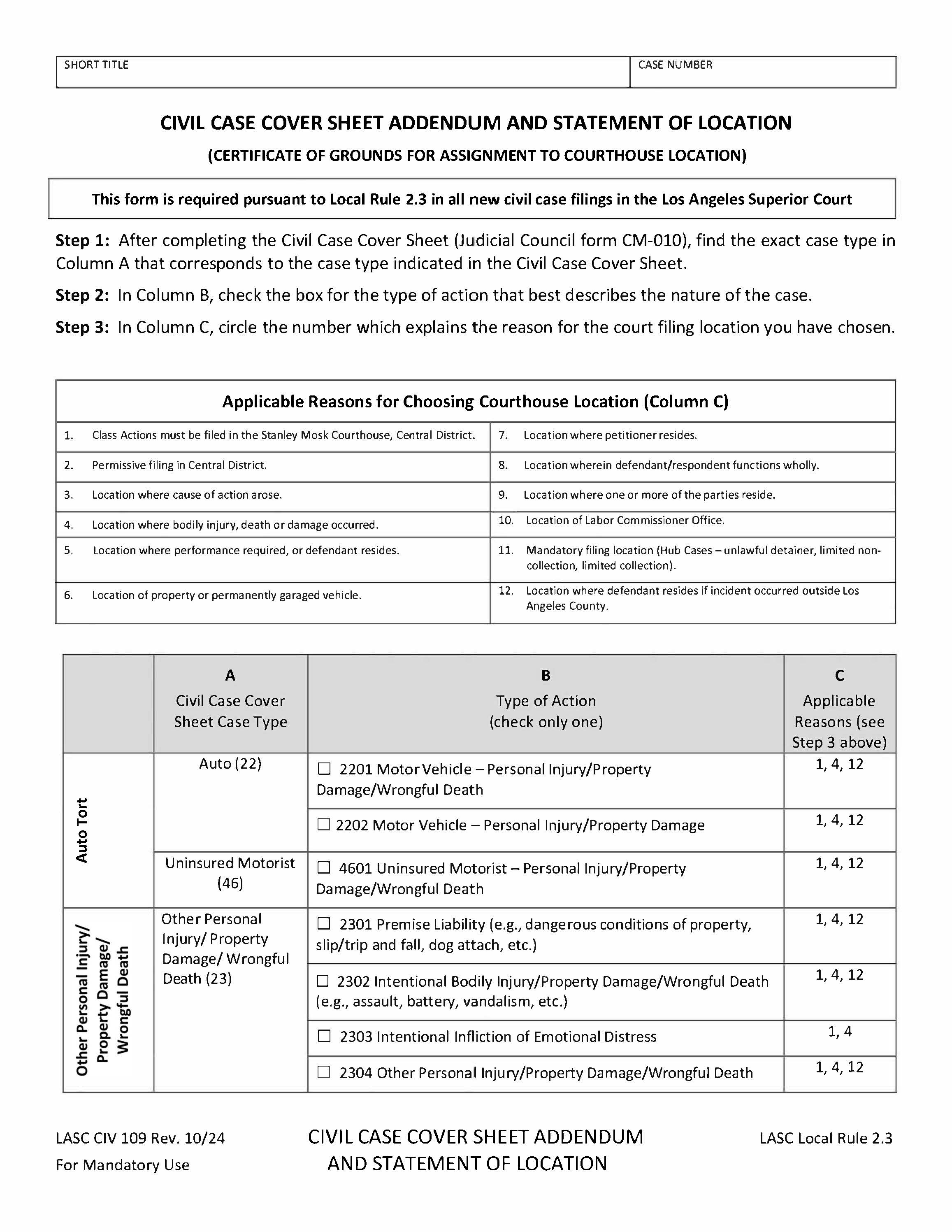 Civil Case Cover Sheet Addendum And Statement Of Location {LACIV109} | Pdf Fpdf Docx | California