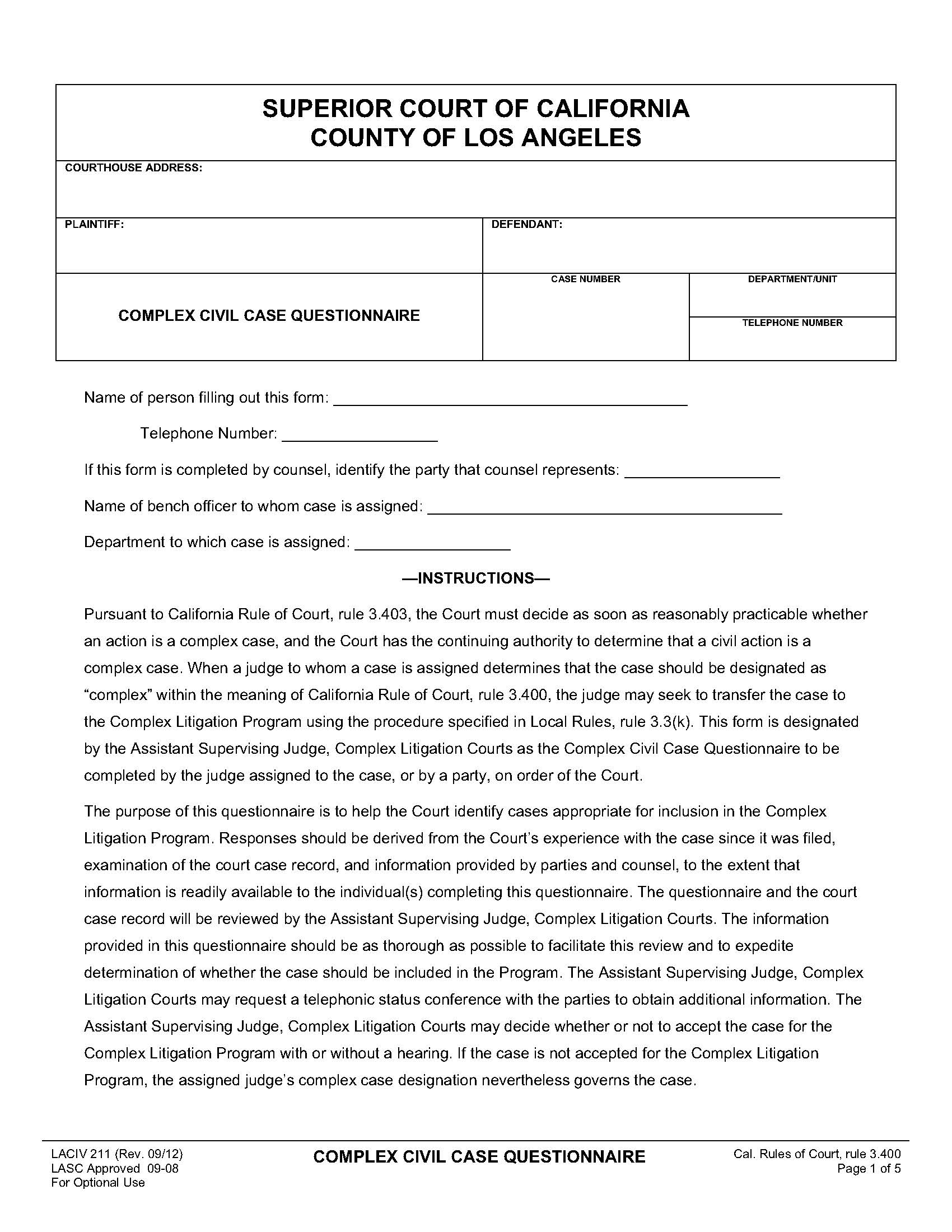 Complex Civil Case Questionnaire {LACIV 211} | Pdf Fpdf Doc Docx | California