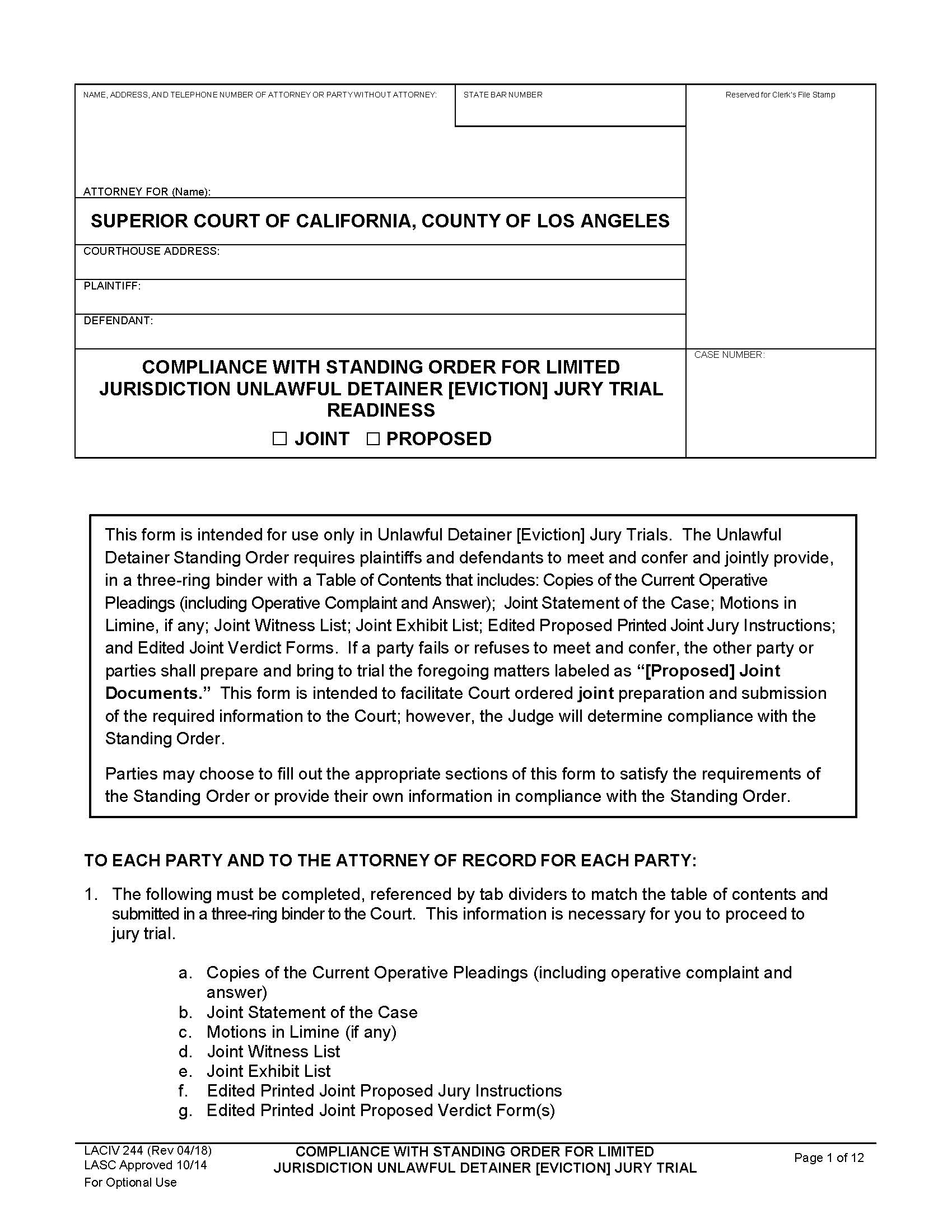 Compliance With General Order For Limited Jurisdiction Unlawful Detainer (Eviction) {LACIV244} | Pdf Fpdf Docx | California