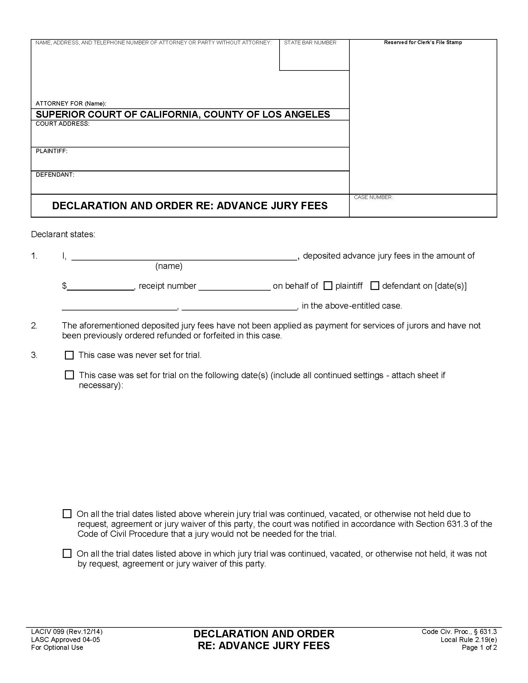 Declaration And Order Re Advance Jury Fees {LACIV099} | Pdf Fpdf Doc Docx | California