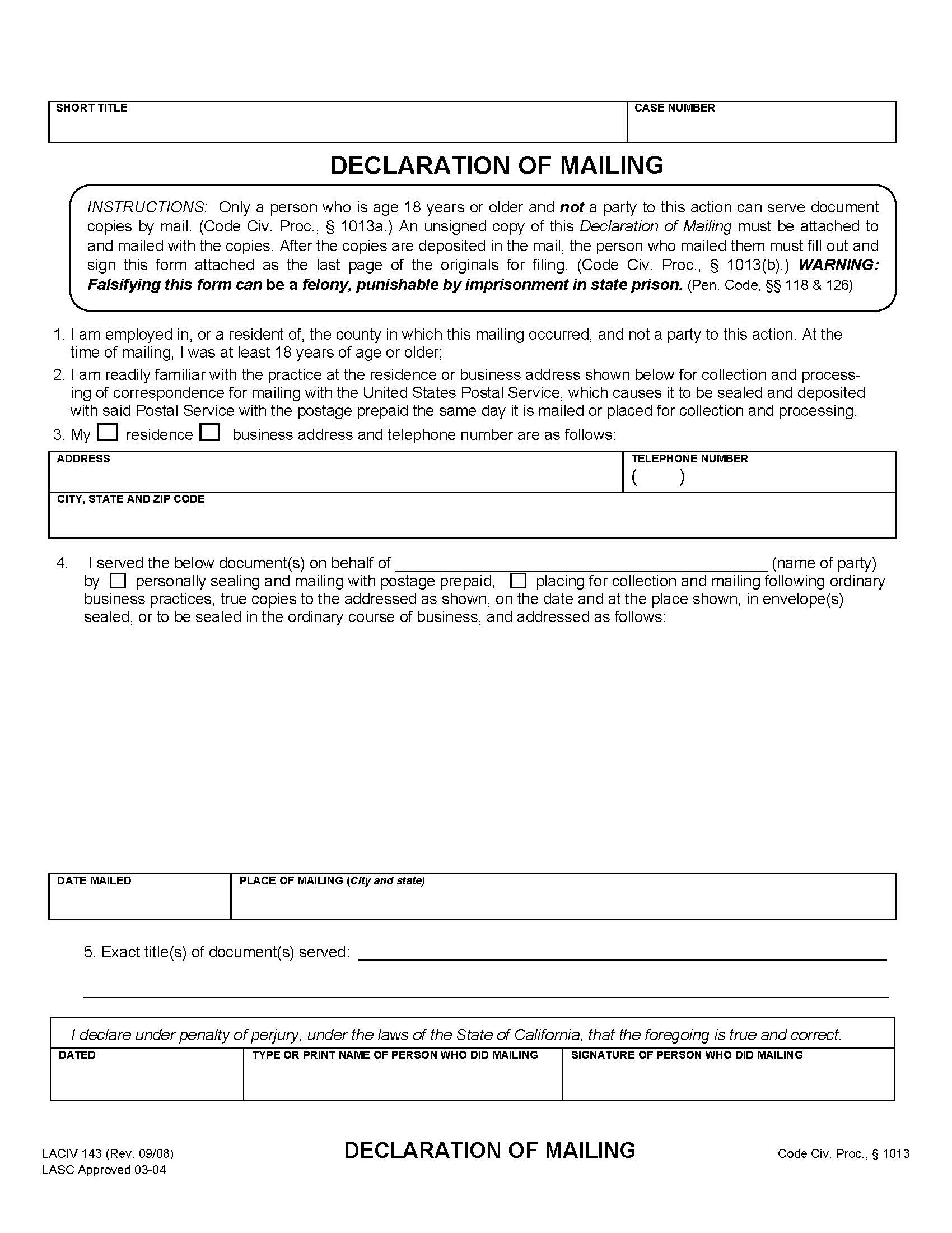 Declaration Of Mailing {LACIV 143} | Pdf Fpdf Doc Docx | California