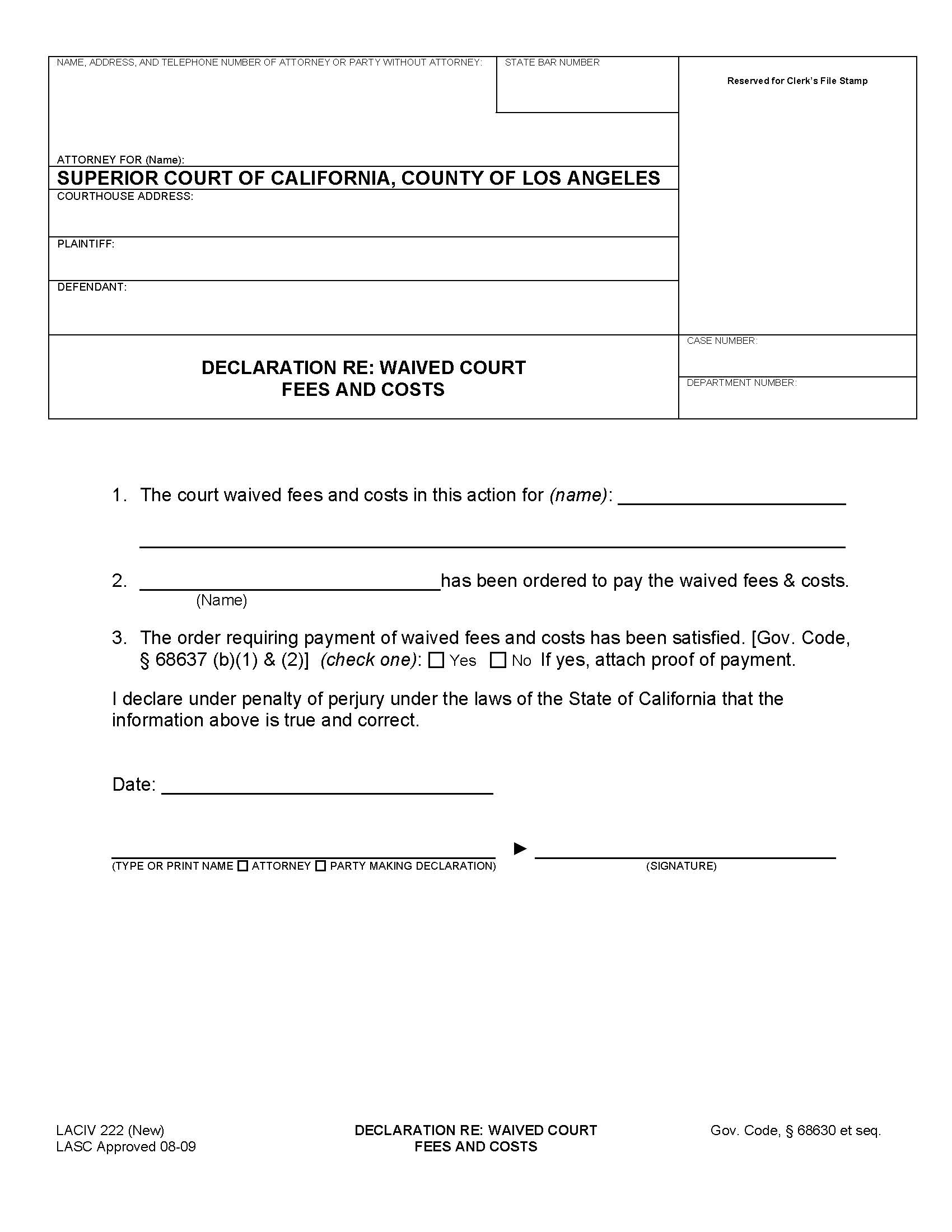 Declaration Re Waived Court Fees And Costs {LACIV 222} | Pdf Fpdf Doc Docx | California