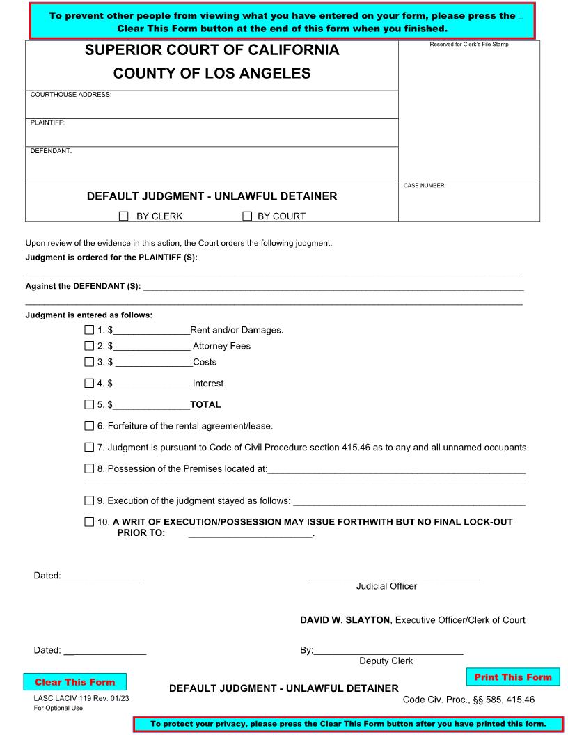 Default Judgment-Unlawful Detainer {LACIV119} | Pdf Fpdf Doc Docx | California